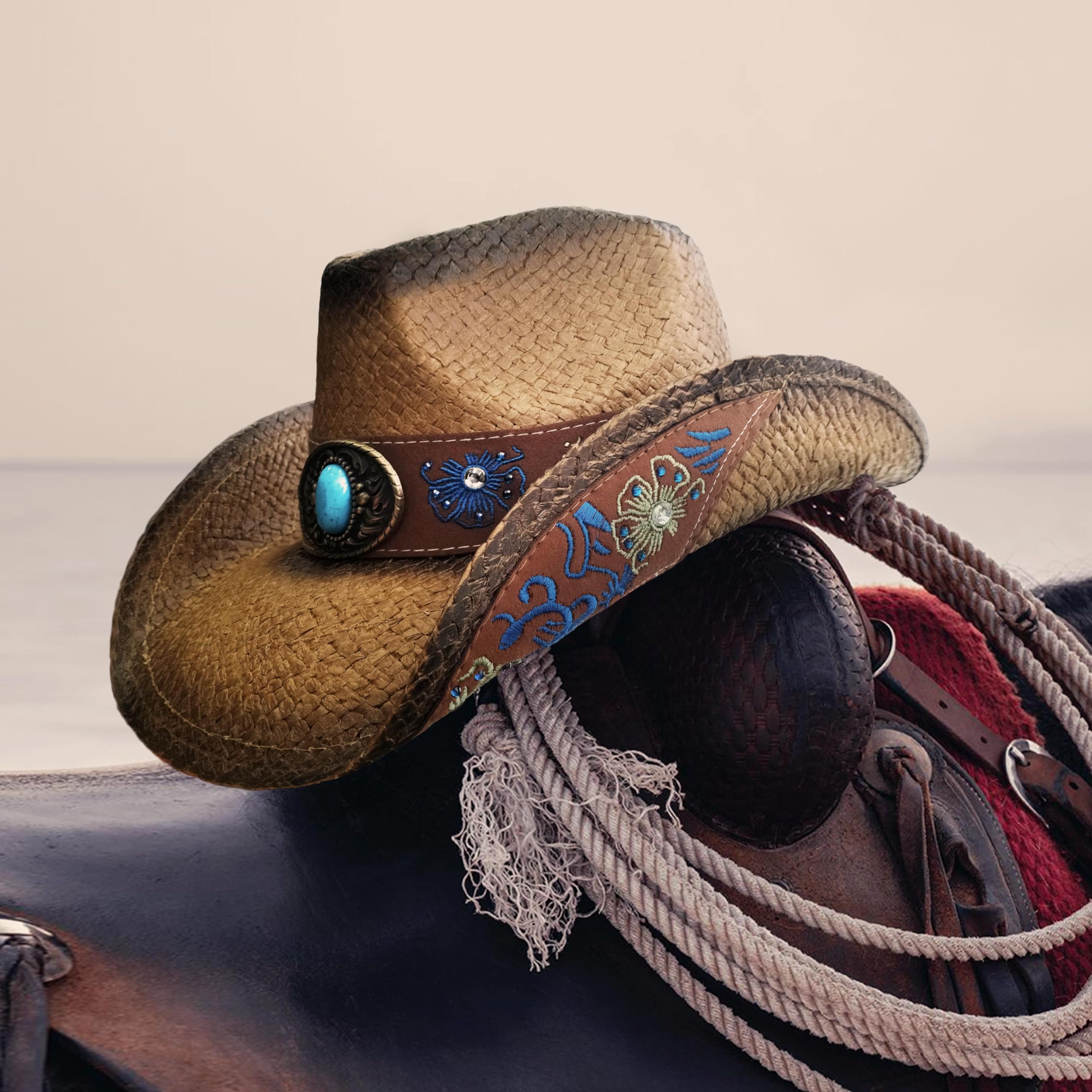 Stylish Straw Cowboy Hats for Women & Men - Western Embroidered Cowboy Hat for Cowboys & Cowgirls - Perfect for Rodeos, Country Music Festivals & Outdoor Adventures