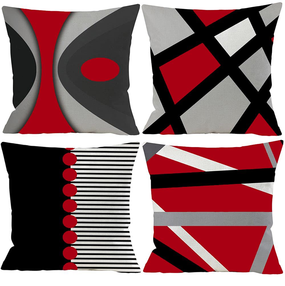 Red and Black Decorative Throw Pillows Set of 4 - 18x18 Inch Geometric Abstract Square Pillow Covers with Zipper for Sofa, Couch, Bed - Perfect for Living Room, Outdoor Patio & Home Decor