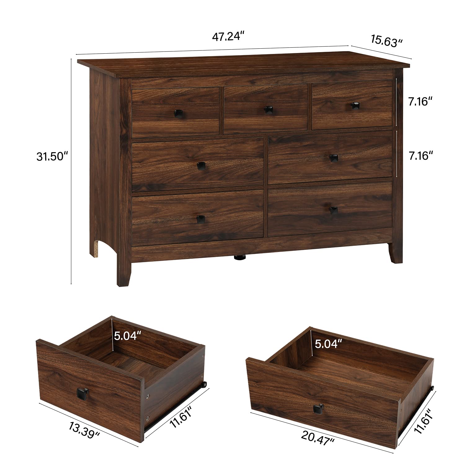 LTMEUTY 7-Drawer Wooden Dresser for Bedroom - Rustic Brown Wood Grain Chest Dresser, Horizontal Storage Furniture | Perfect for Bedroom Organization, Guest Room & Apartment Decor