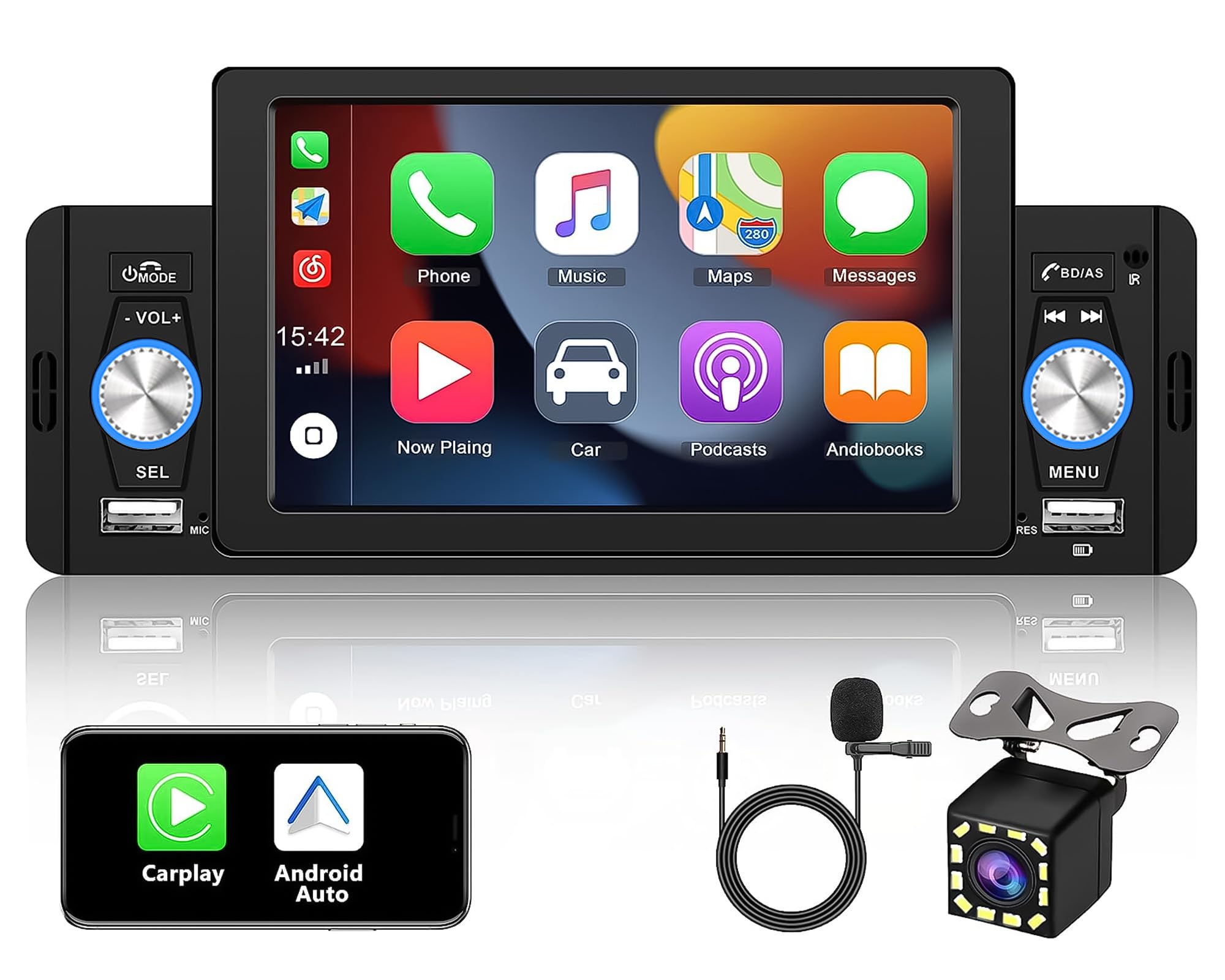 CMECHO 5 Inch Single Din Car Stereo with Apple CarPlay & Android Auto - Bluetooth 4.0, FM Radio, Mirror Link, USB Input, Fast Charging, Reverse Camera, Remote Control & Microphone - Perfect for Hands-Free Driving & Entertainment