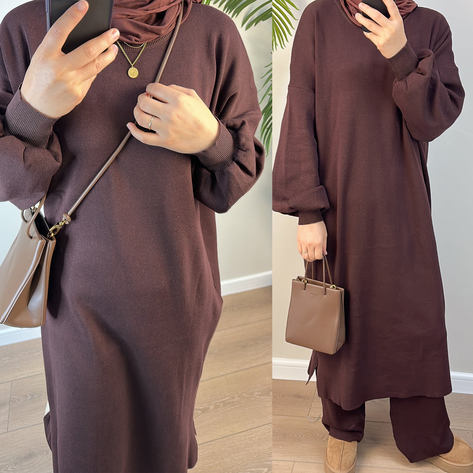 2-Piece Maxi Knit Sweatsuit Set - Soft Lounge Wear for Women, Brown - Perfect for Yoga, Travel & Cozy Home Relaxation