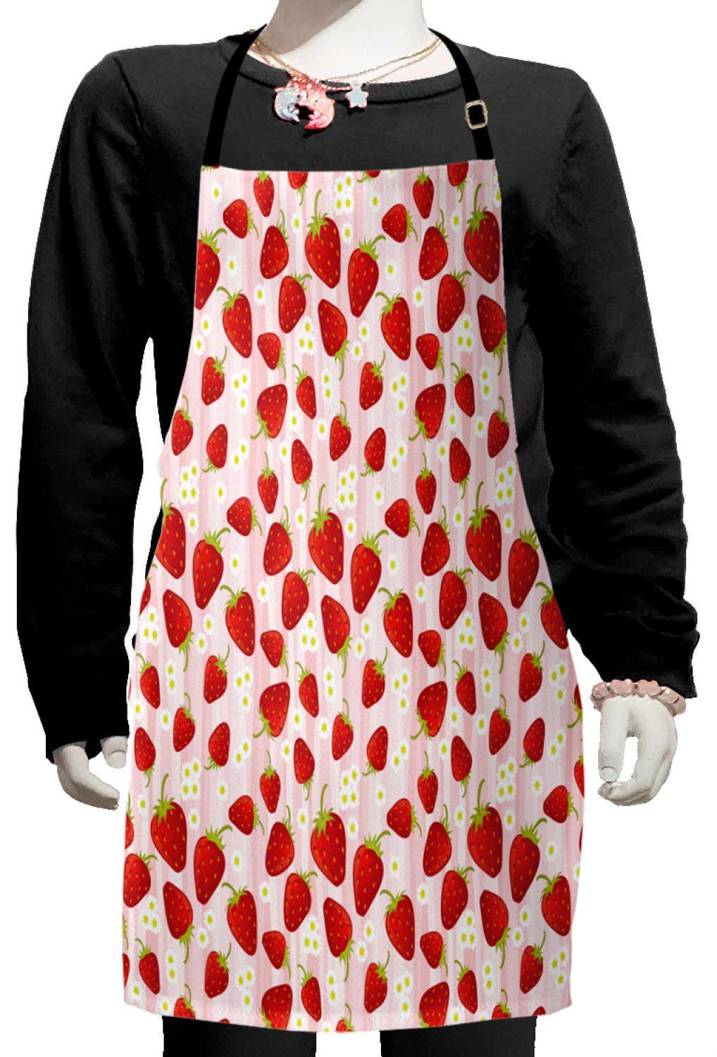 Ambesonne Strawberry Apron - Adjustable Small Bib Apron with Delicious Summer Fruit & Daisy Petals Pattern for Baking, Painting, Cooking | Perfect for Home Chefs, DIY Crafts & Kitchen Gifts