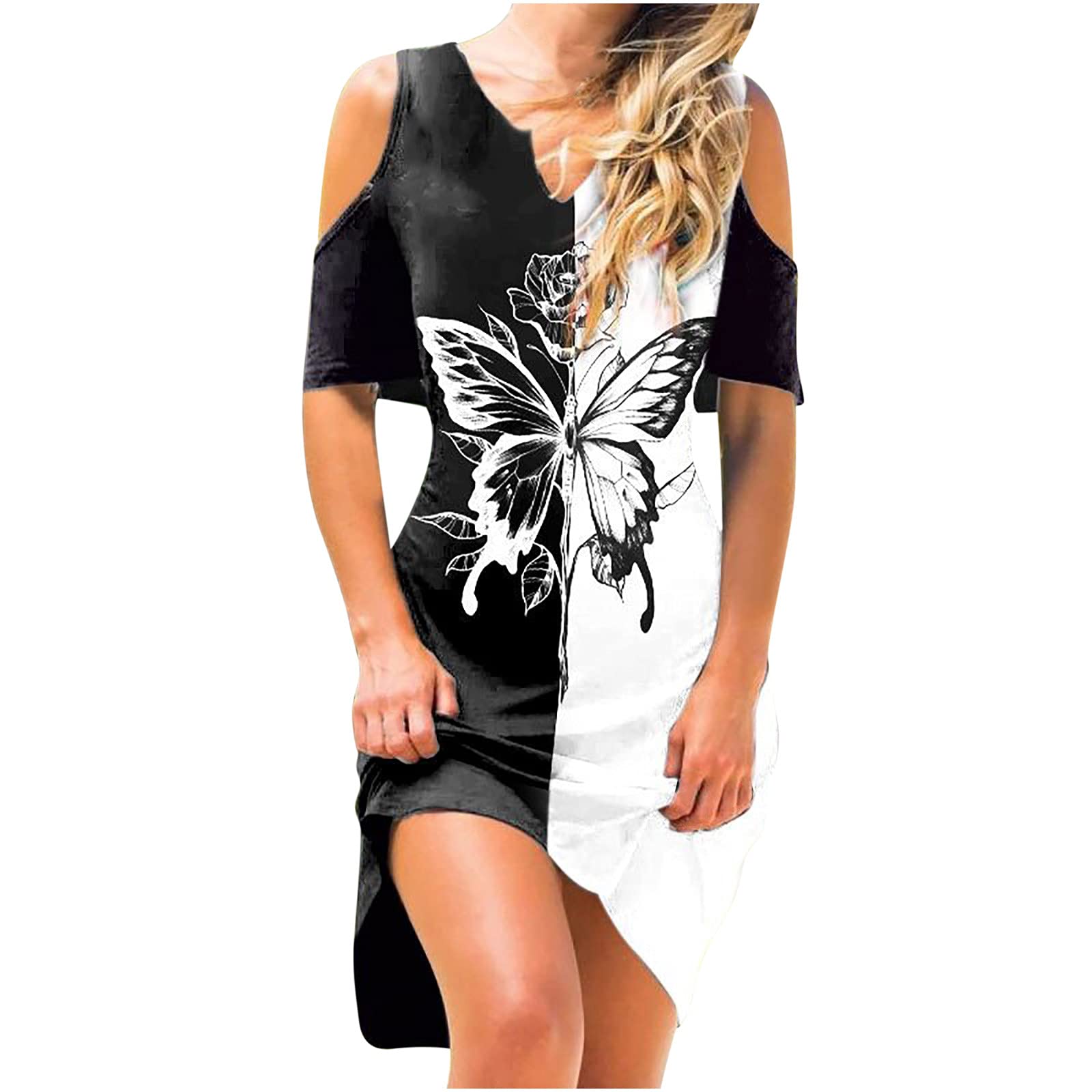 Boho Cold Shoulder Floral V-Neck Midi Dress for Women - Sexy Summer Casual Short Sleeve Dress - Perfect for Beach Vacations, Date Nights & Outdoor Parties