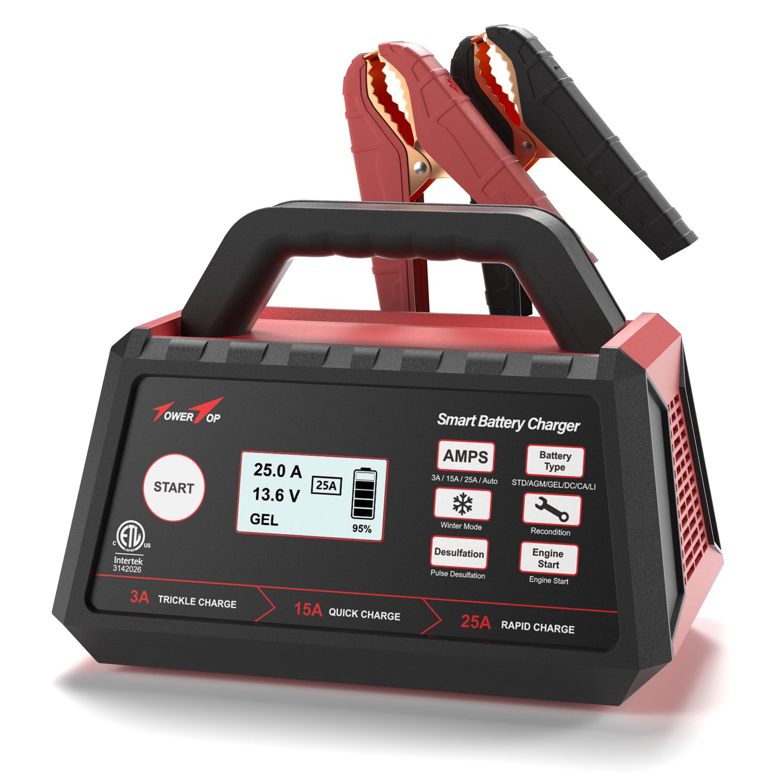 TowerTop 3/15/25 Amp 12V Smart Car Battery Charger & Maintainer - Automatic Engine Start, Auto Desulfator, Battery Repair - Works with Lead-Acid & LiFePO4 Batteries - Perfect for Cars, Trucks, Motorcycles & Marine Vehicles