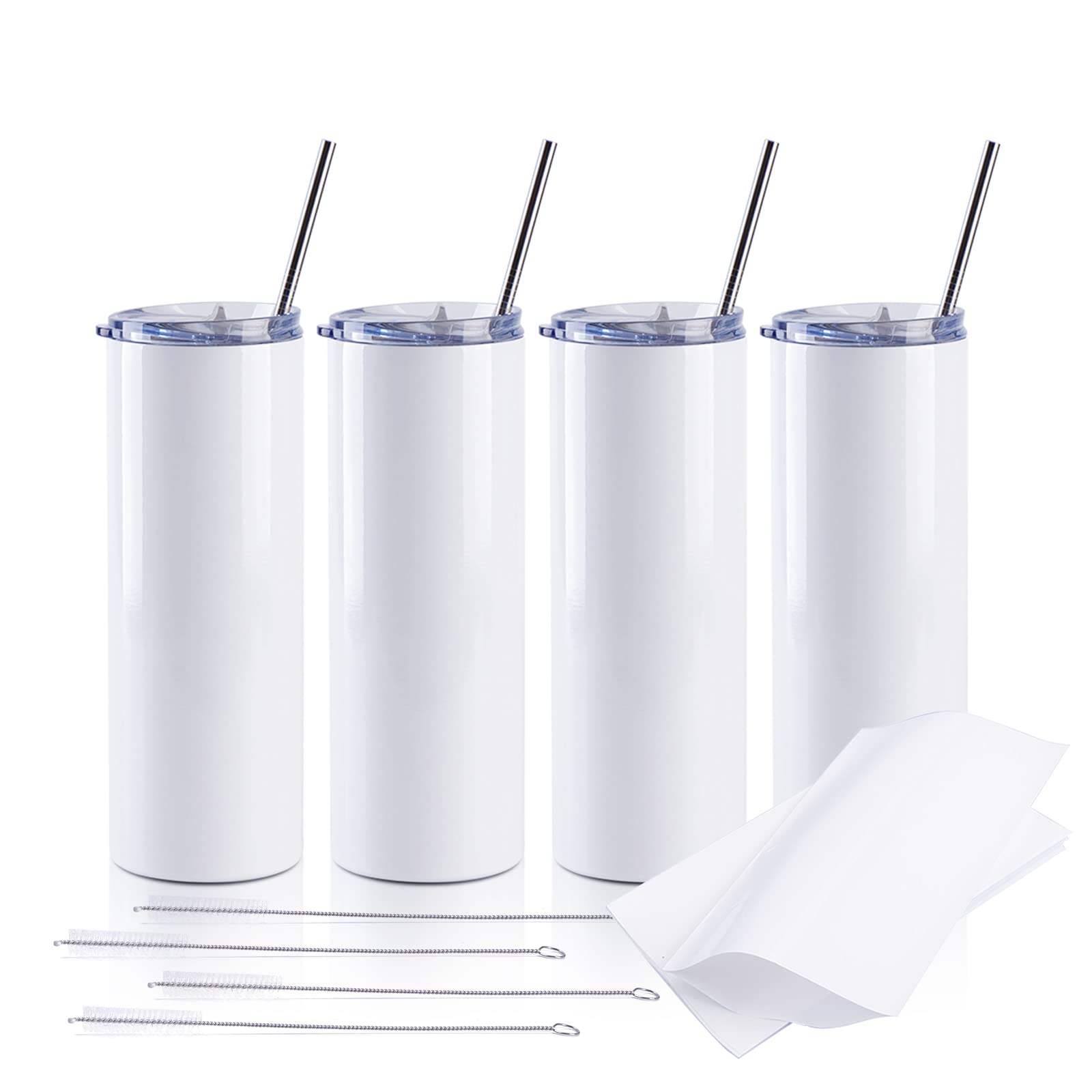 Sublifun 4-Pack 20oz White Skinny Straight Sublimation Tumblers with Lids & Straws - Insulated Coffee Cups for Hot & Cold Drinks, Perfect for DIY Customization, Gifts, Office, Travel & Outdoor Use