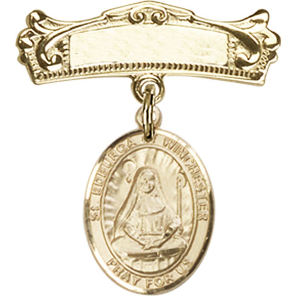 Gold Filled Baby Badge with St. Edburga of Winchester Charm - 7/8 X 3/4 Inch Arched Polished Pin for Christening, Baptism & Baby Shower Gifts - Religious Jewelry & Keepsake for Newborns
