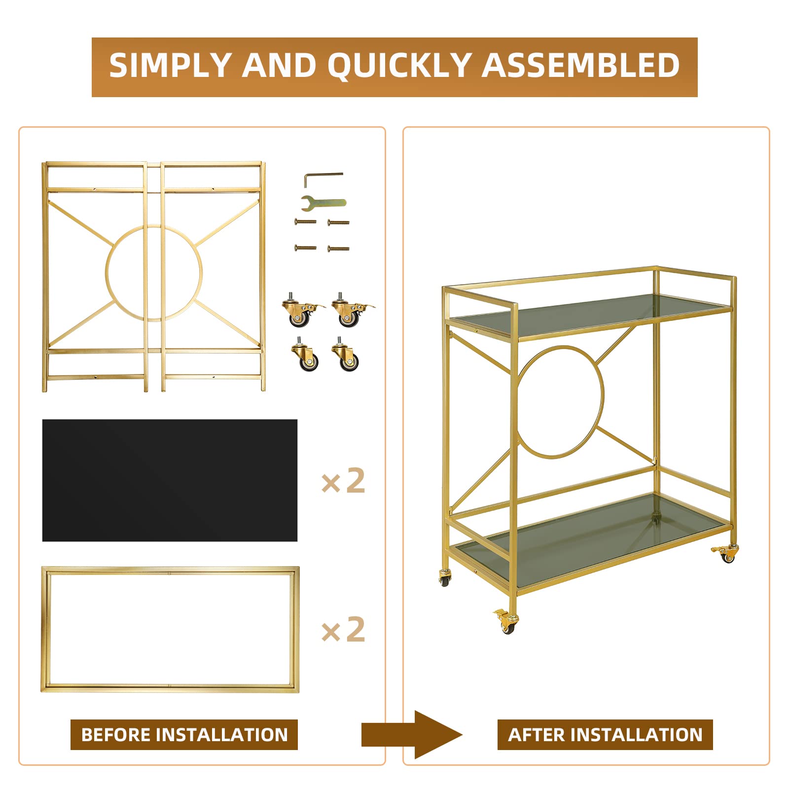 Palama Gold Bar Cart for Home - Easy Assembly with Only 4 Screws, 2-Tier Rolling Snack Cart with 2 Black Tempered Glass Shelves & Lockable Wheels - Perfect for Living Room, Dining Room, or Home Bar Entertaining