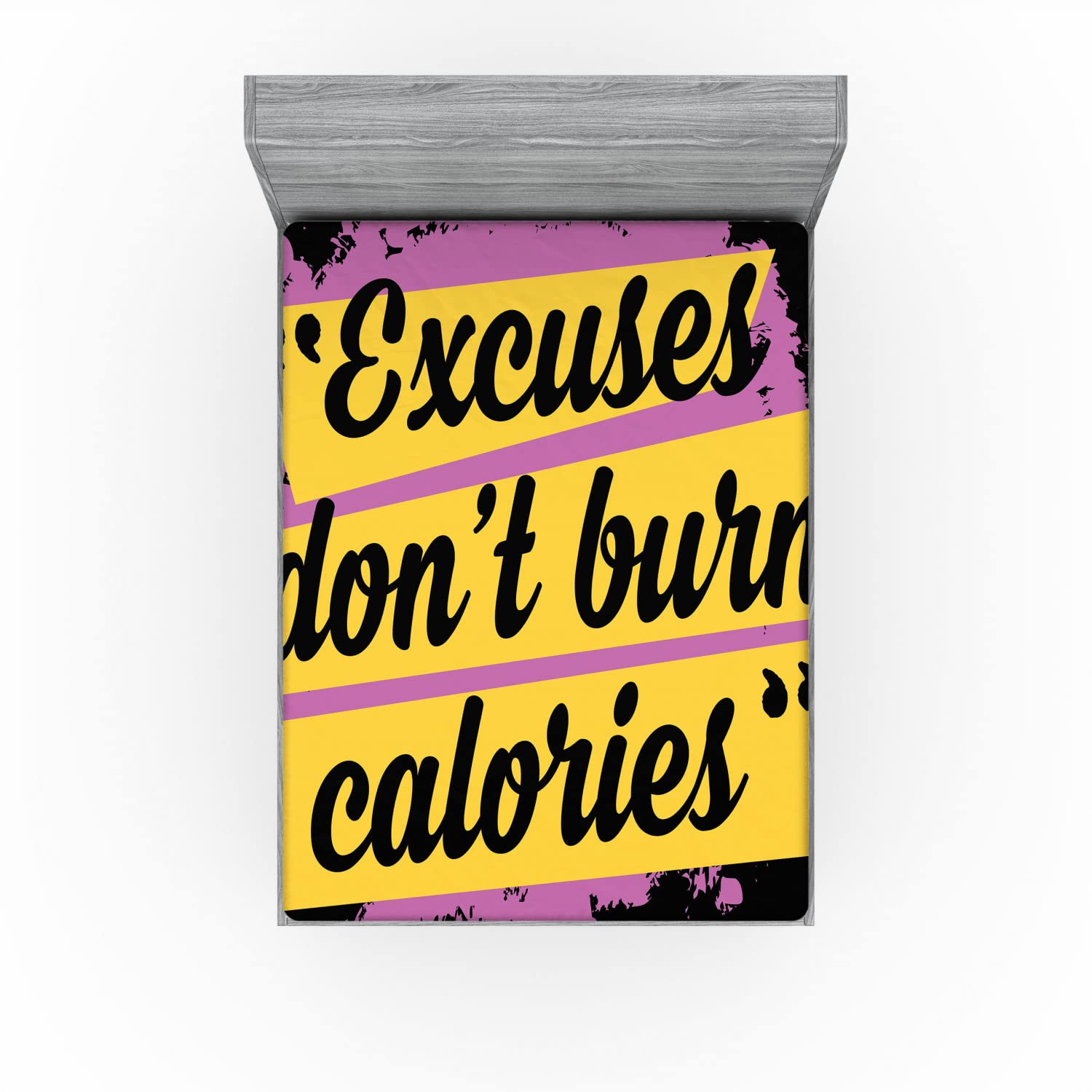 Ambesonne Fitness Fitted Sheet Queen Size - Motivational Workout Quote 'Excuses Don't Burn Calories' with Modern Design, Deep Pocket All-Around Elastic for Secure Fit, Lilac Yellow Black - Perfect for Home Gym, Yoga Studio & Fitness Enthusiast Bedrooms