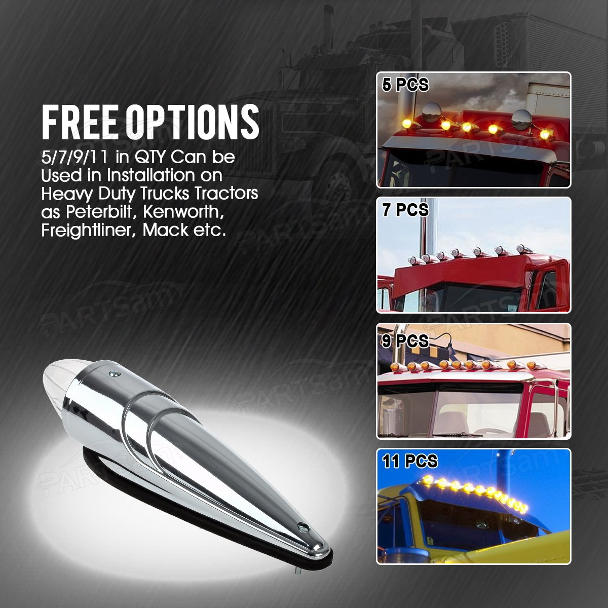 Partsam 5pc Super Bright Amber Yellow 17 LED Clear Lens Torpedo Cab Marker Lights - Compatible with Kenworth, Peterbilt, Freightliner, International & Mack Paccar Semi Trucks - Durable Roof Running Lights for Enhanced Visibility & Safety in Low Light Conditions