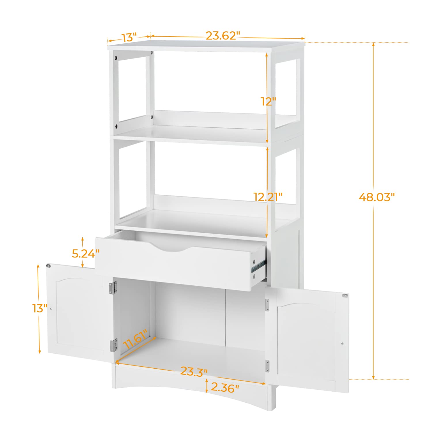 White Sideboard Storage Cabinet with 2 Open Shelves, 1 Drawer & Cupboard - Kitchen Pantry Organizer with Microwave Space, Freestanding Floor Cabinet for Bathroom, Living Room & Bedroom - Perfect for Home Storage, Bookshelf & Display Unit