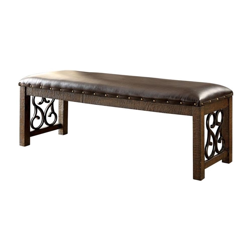 Furniture of America Arlyne Faux Leather Padded Dining Bench in Rustic Walnut - Stylish & Comfortable Kitchen Seating for Dining Room, Breakfast Nook & Entryway
