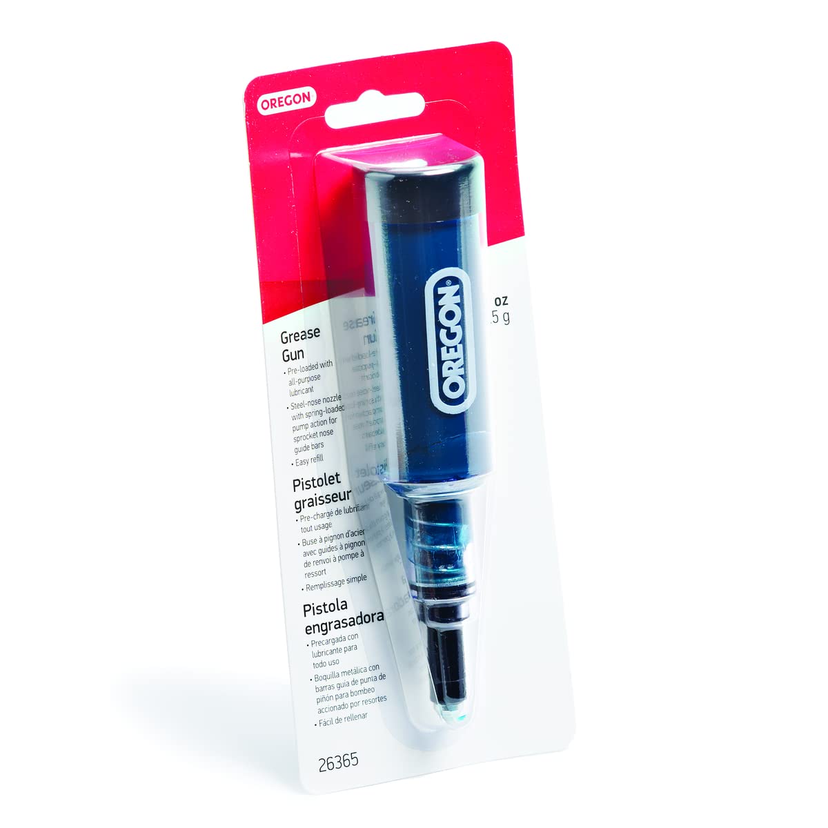 Oregon 26365 Black Grease Gun for Chainsaws - Pre-Loaded All-Purpose Lubricant, Easy Refill, Universal Fit for Most Chainsaw Models - Perfect for Chain Lubrication & Maintenance in Forestry, Landscaping & DIY Projects