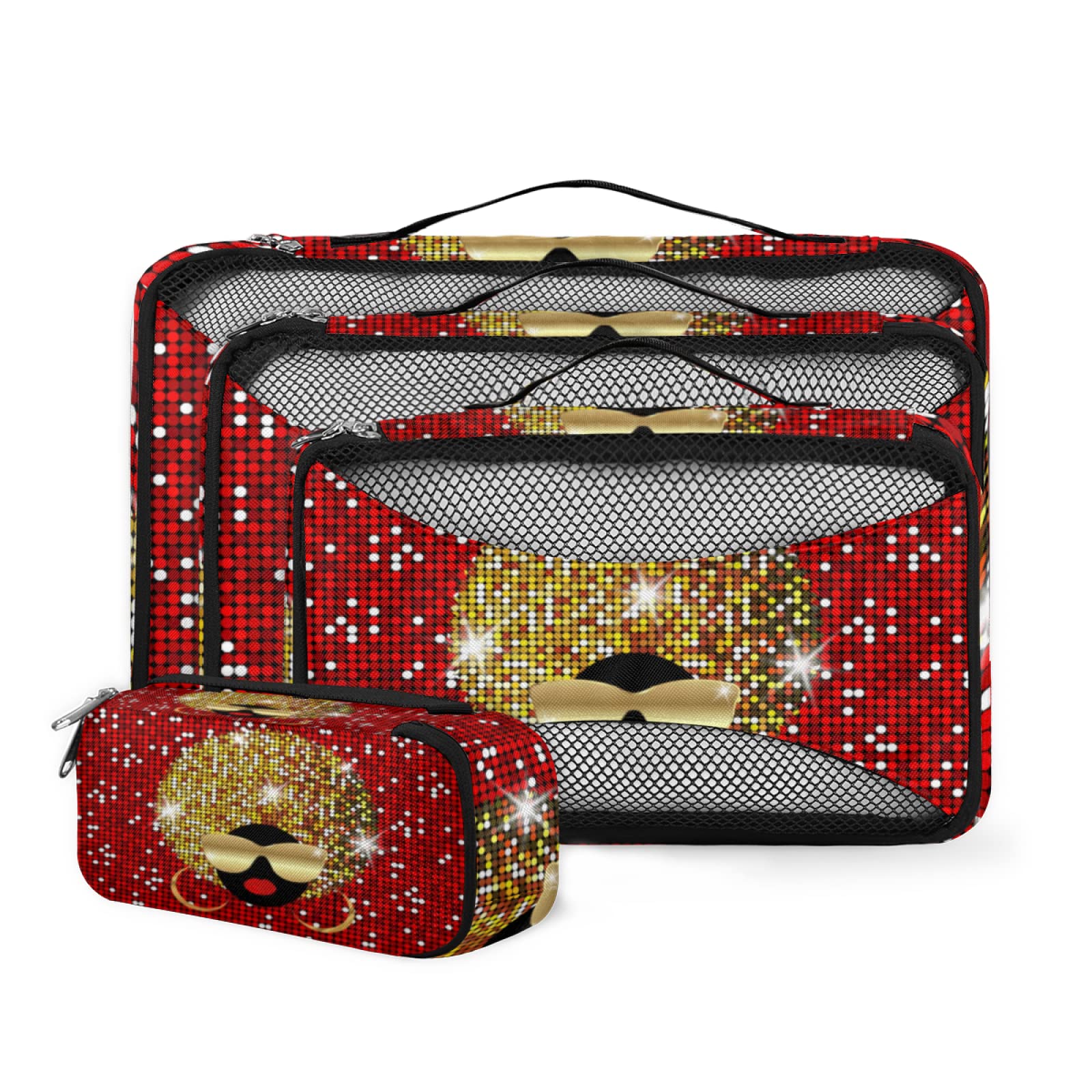 4-Pack African Print Packing Cubes for Women - Travel Luggage Organizers with Mesh Bags for Clothes & Toiletries - Perfect for Backpack, Suitcase & Carry-On (Vacation, Business Trips, Weekend Getaways)