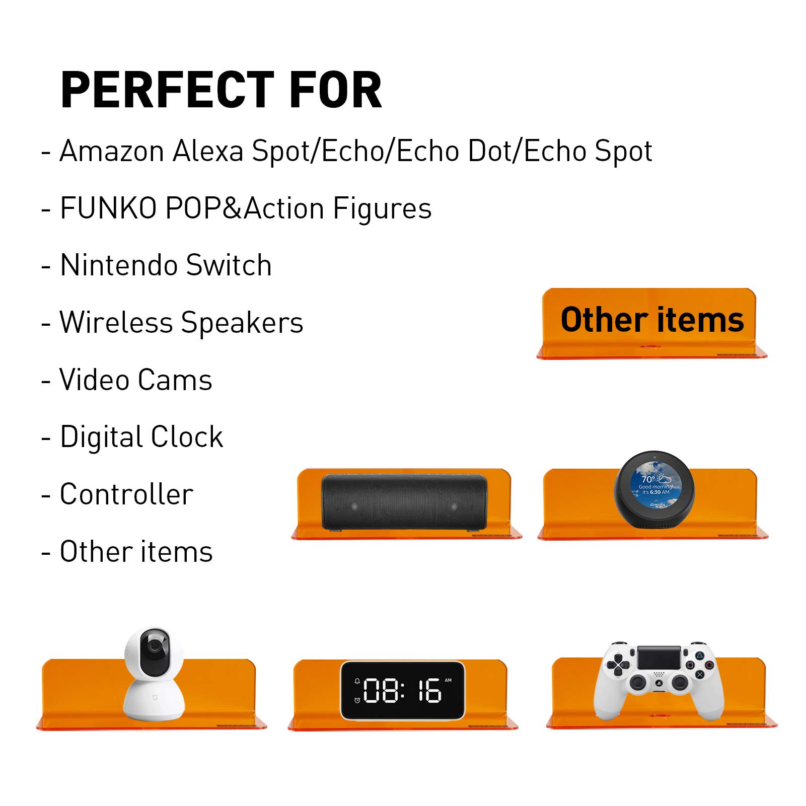 OAPRIRE Set of 2 Small Acrylic Floating Wall Shelves - 9 Inch Adhesive Display Shelf for Security Cameras, Smart Speakers, Action Figures - Includes Cable Clips - Clear Orange - Perfect for Home Office, Living Room, and Bedroom Organization