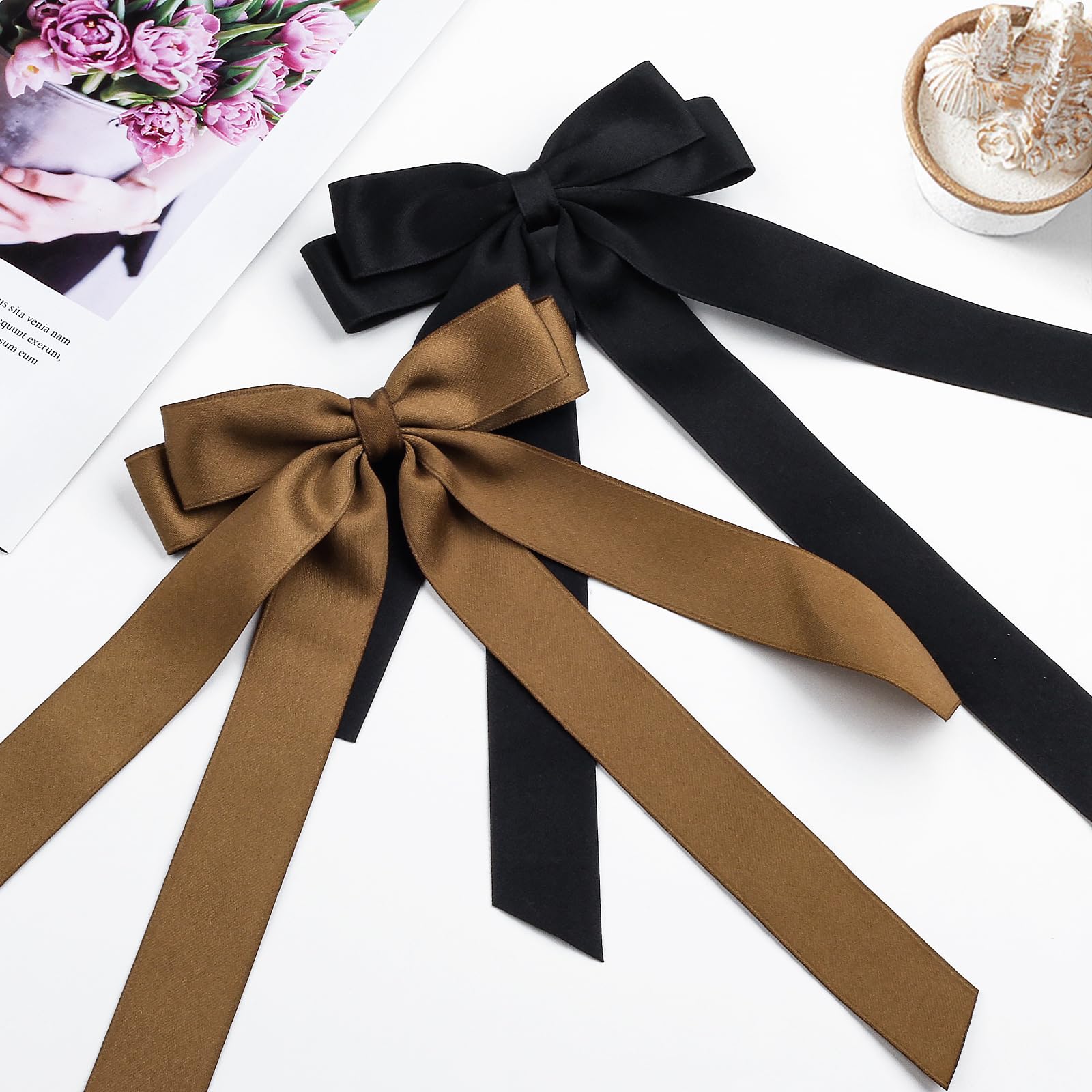 Elegant Black & Coffee Bow Hair Clips 2PCS Set for Women and Girls - Long Tail Ribbon Hair Bows with Alligator Clips | Perfect for School, Parties, Weddings and Everyday Hairstyles