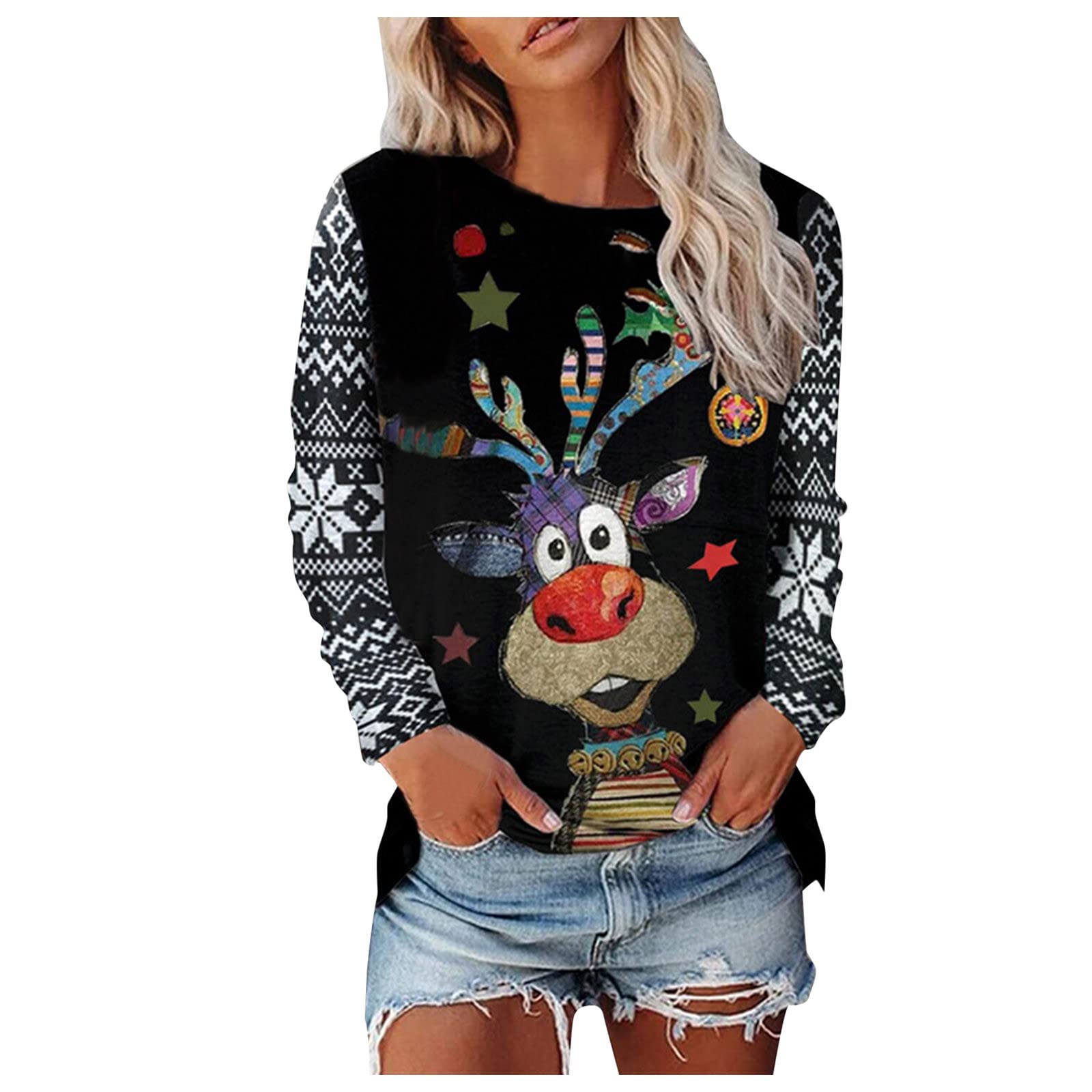 CHARMAP Women's Christmas Long Sleeve Sweatshirt - Festive Holiday T-Shirt with Spliced Design | Perfect for Holiday Parties, Family Gatherings & Winter Outfits