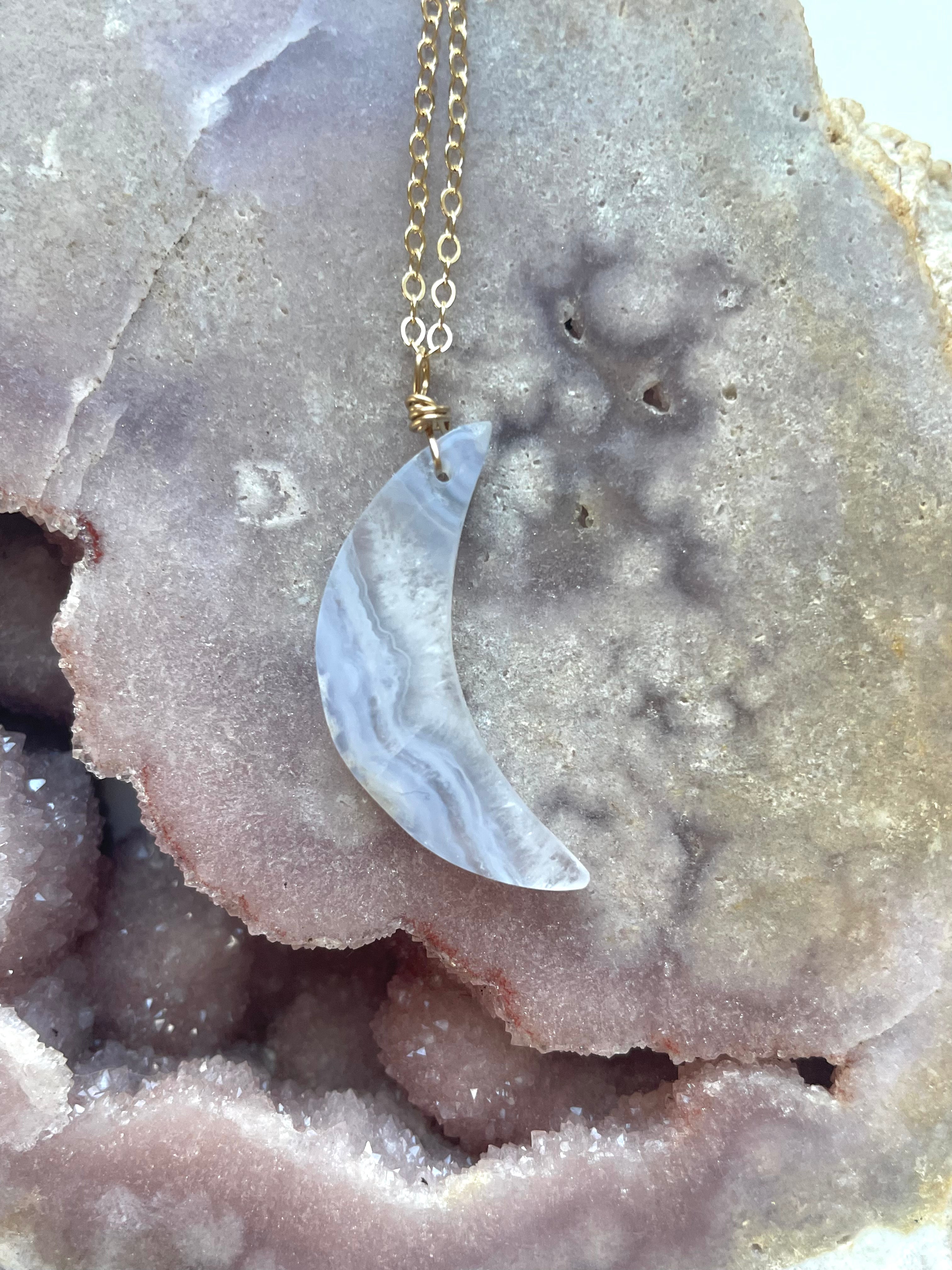 Blue Lace Agate Crescent Moon Necklace - Healing Crystal Pendant for Women | Boho Chic Jewelry for Meditation, Yoga & Spiritual Protection