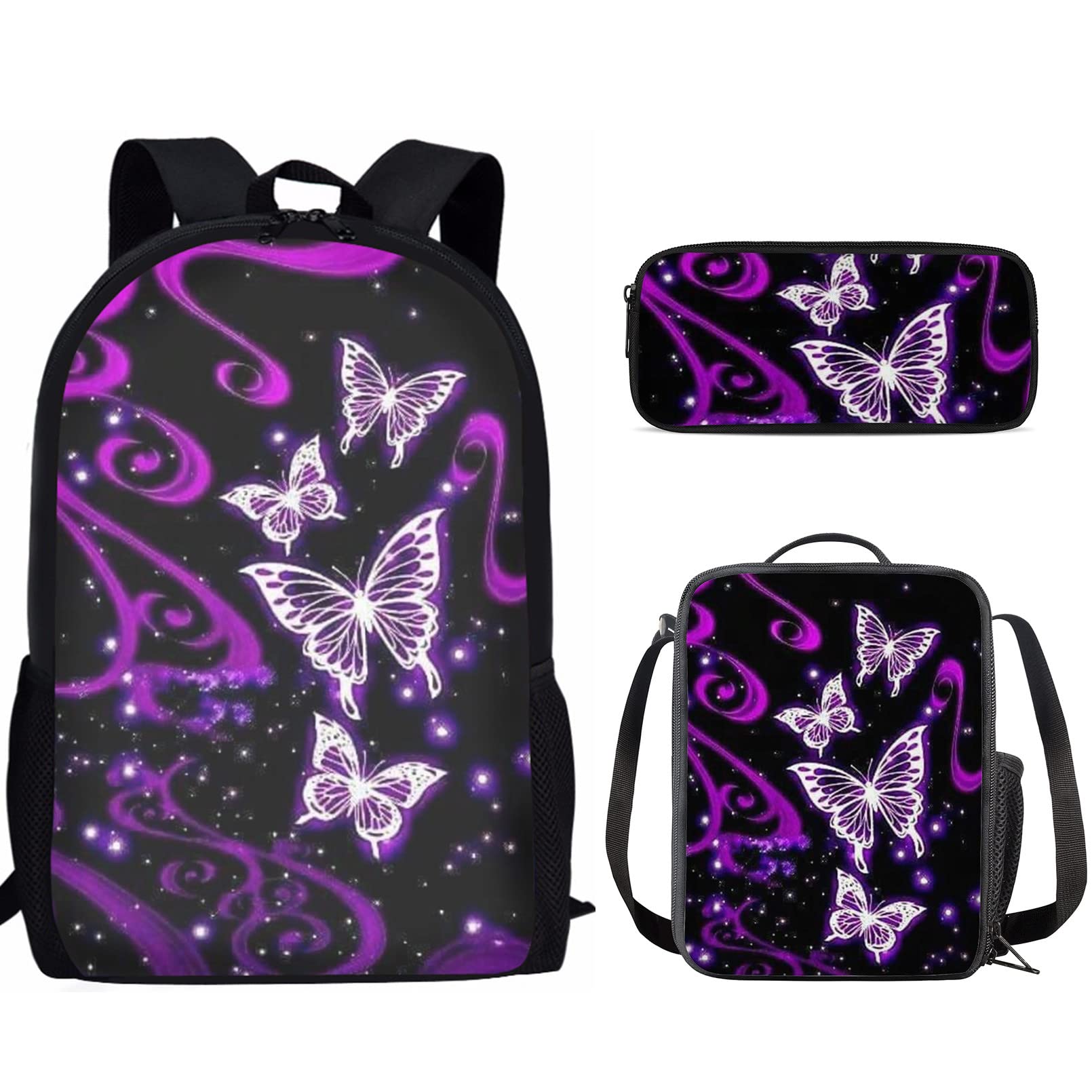 Renewold 3-Piece Kids Backpack Set - Purple Butterfly Design with Lunch Box & Pencil Case, School Bookbag for Boys & Girls, Lightweight Laptop Backpack for Students - Perfect for School, Travel & Daily Use
