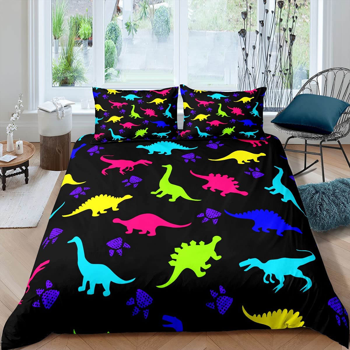 Dinosaur Bedding Set Twin Size - Blue Animal Paw Duvet Cover with Dinosaur Footprints for Kids | Cartoon Wild Animals Theme Quilt Cover Set (2 Pieces) | Perfect for Boys & Girls Bedrooms, Dinosaur-Themed Decor, and Kids' Room Makeovers