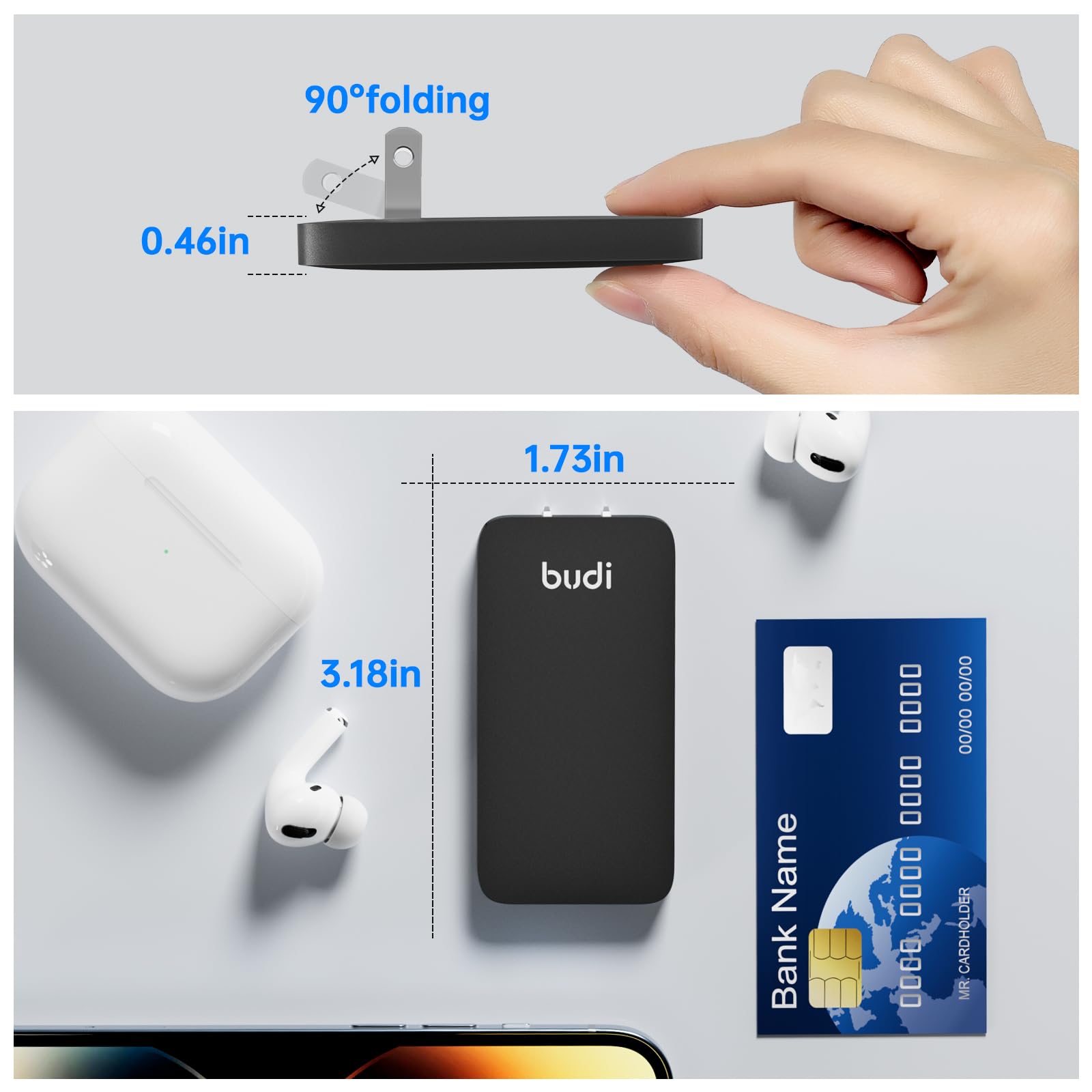 BUDI 17W Ultra Slim Foldable Wall Charger with 2 USB-A Ports - Fast Charging for iPhone, iPad, Samsung Galaxy & Home Cameras | Perfect for Travel, Office & Home Use (Black)