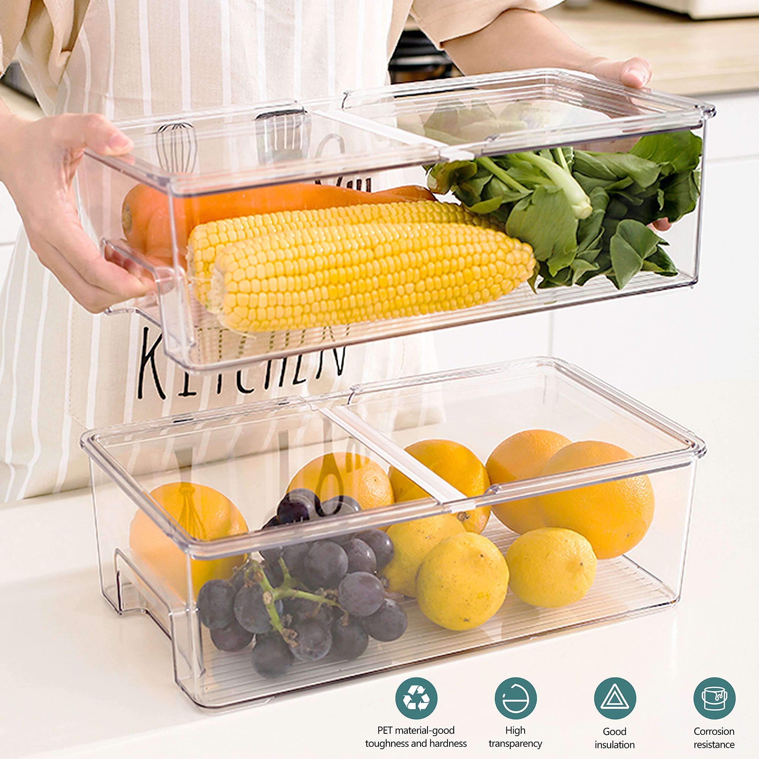 Elabo Food Storage Containers for Fridge - Stackable Refrigerator Organizer Bins with Lids & Drain Tray - Perfect for Vegetables, Berries, Fruits - Keep Produce Fresh Longer in Kitchen & Pantry Organization