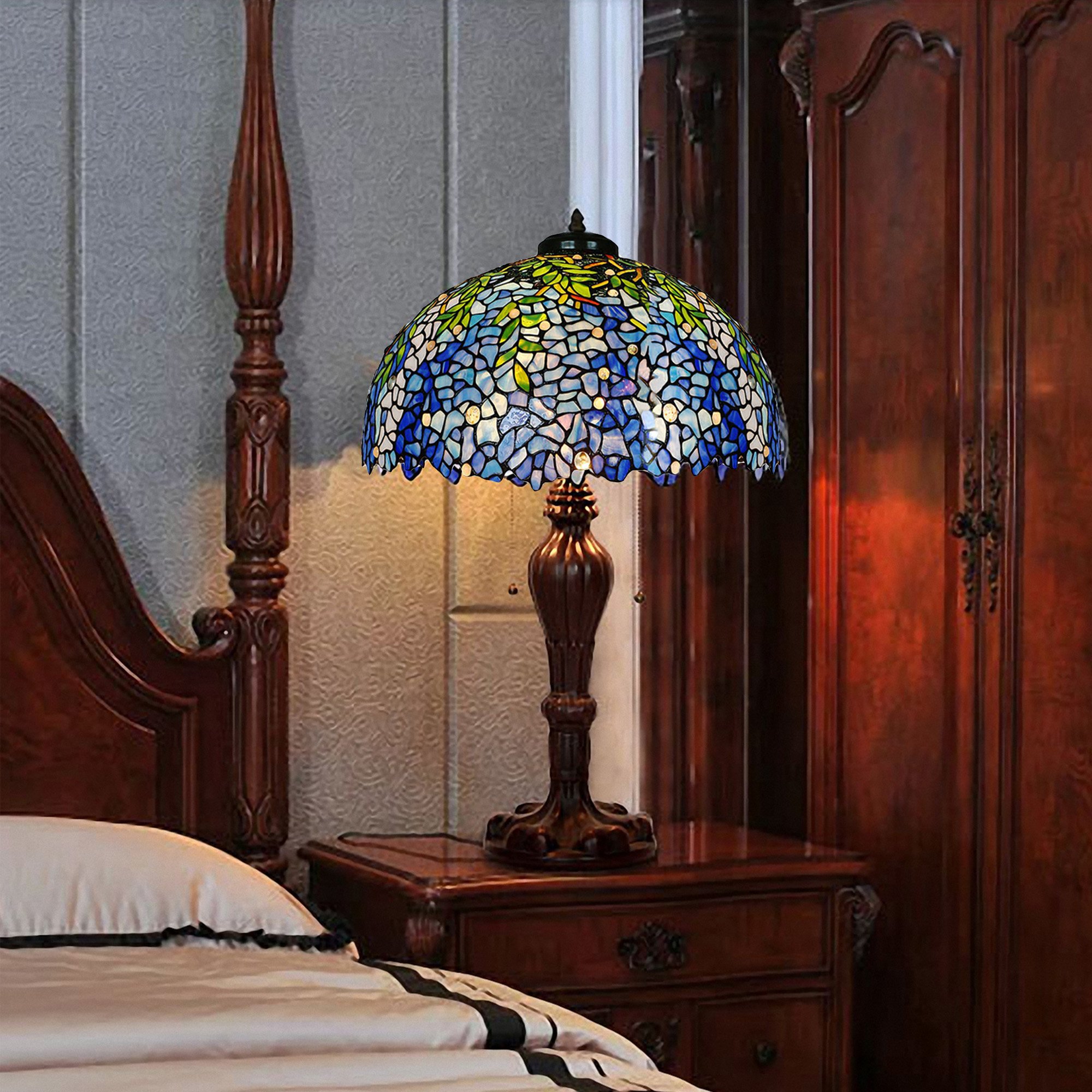 Tiffany Style Stained Glass Purple Wisteria Table Lamp - 16 Inch Handmade Zinc Alloy Base with Brown Round Shade | Elegant Home Decor for Living Room, Bedroom & Office Lighting