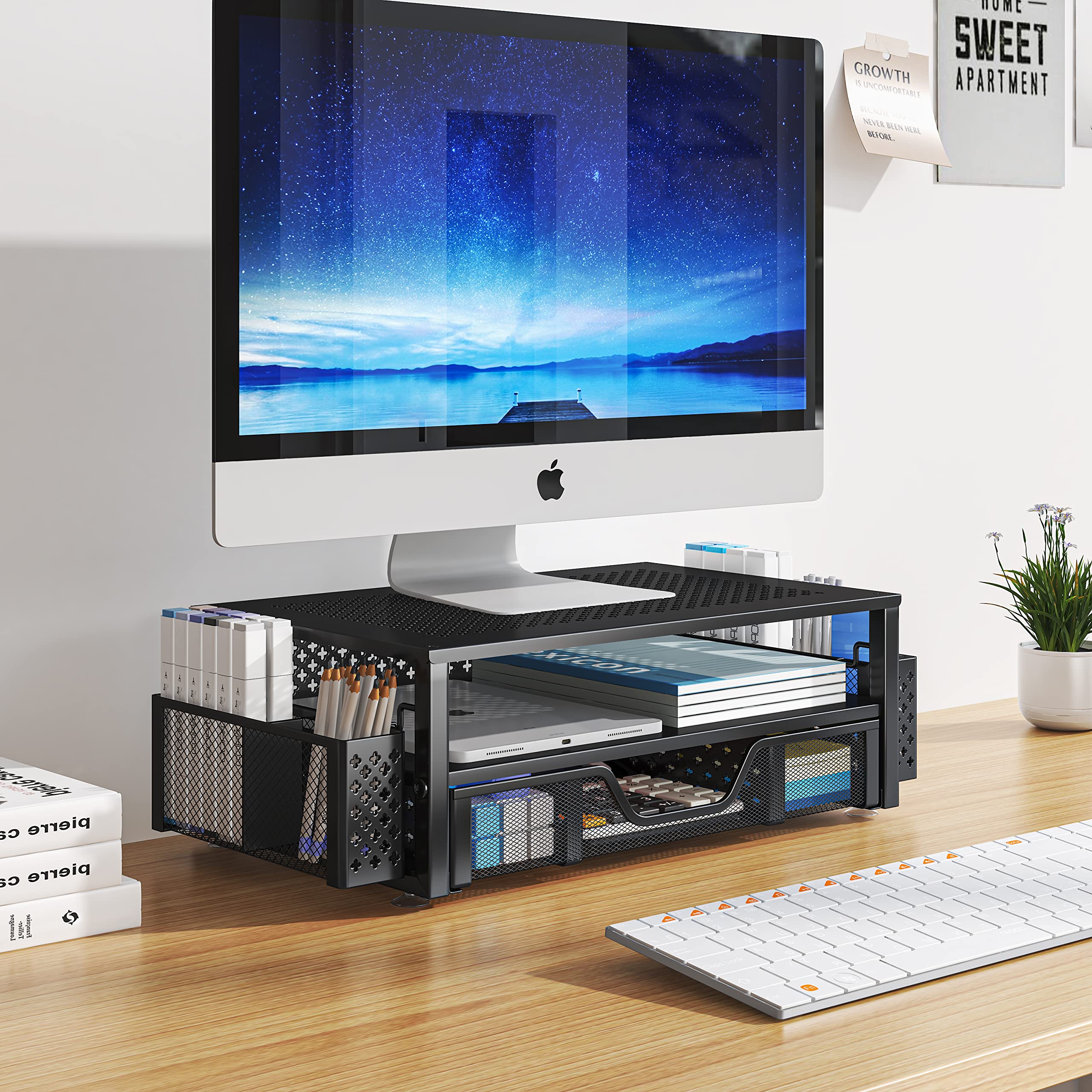 2-Tier Metal Monitor Stand & Desk Organizer with Drawer - Black | Ergonomic Riser for Laptop, Computer, iMac | Perfect for Home Office, Gaming Setup & Workspace Organization
