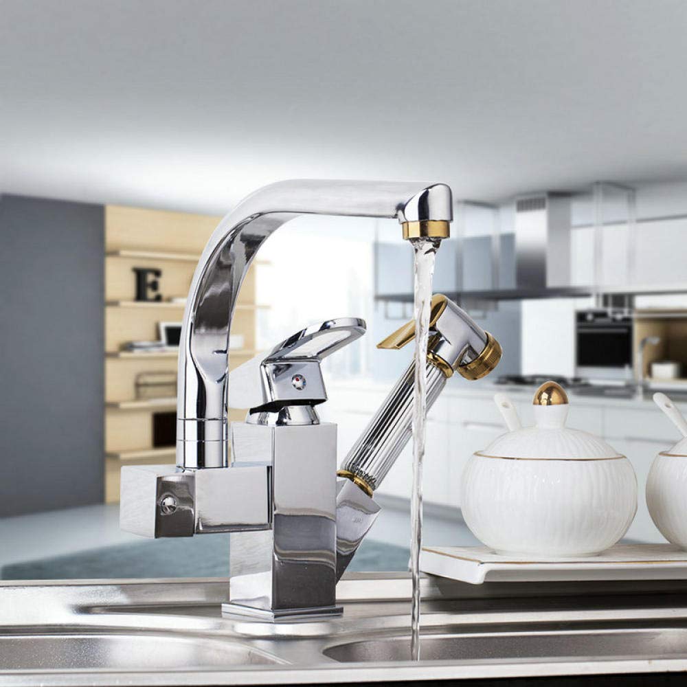 360° Swivel Pull-Out Kitchen Faucet with Bidet Sprayer - Golden Brass Finish, Hot & Cold Water Mixer Tap for Sink Basin - Perfect for Modern Kitchens & Bathroom Renovations