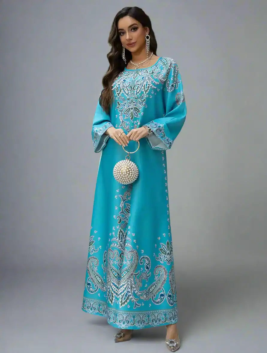 Elegant Hotfix Rhinestone Printed Caftan Kaftan Dress for Women - Eid Party Wear, Summer Beach Cover Up, Boho Maxi Dress #25425