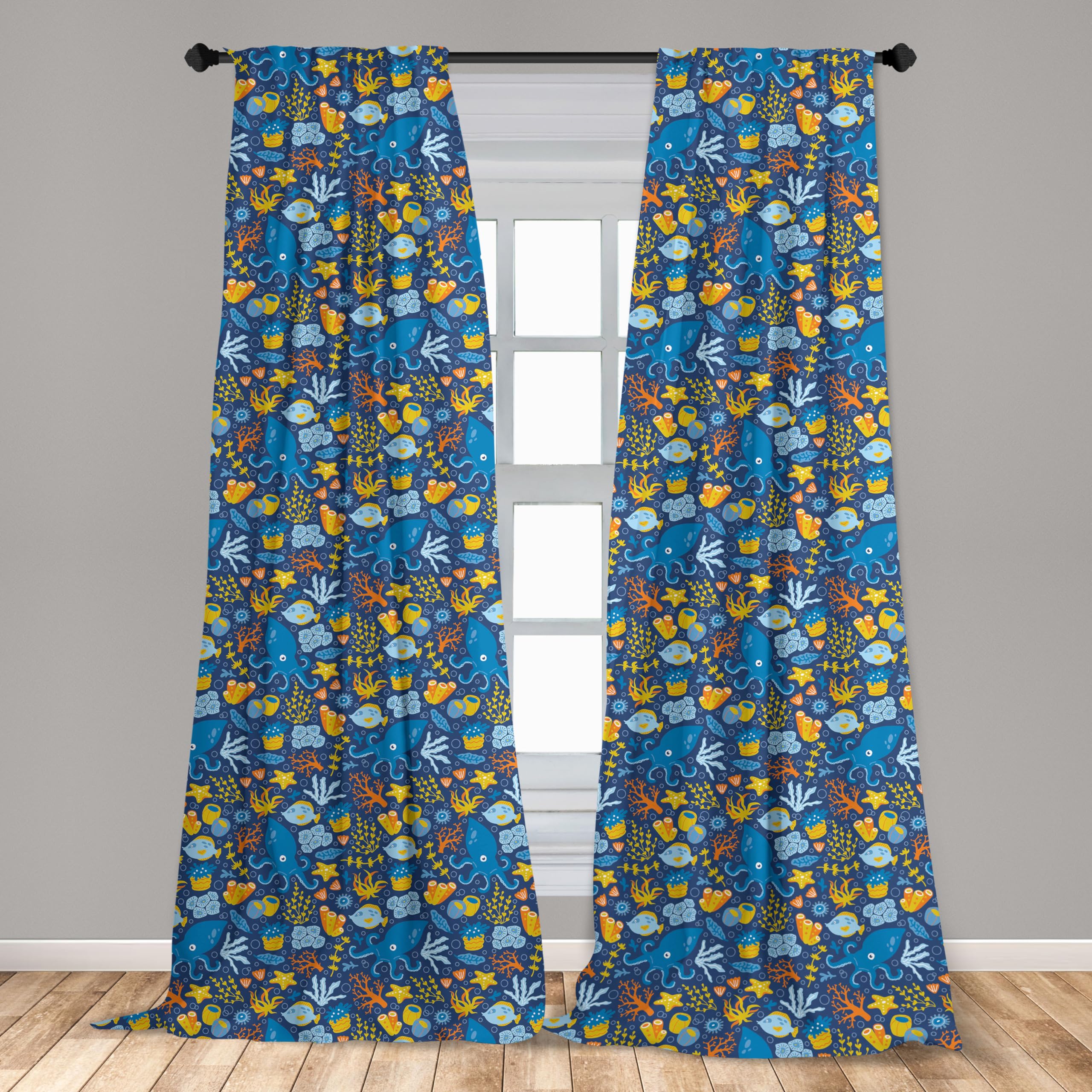 Ambesonne Nautical Curtains - Blue Octopus Fish Coral Marine Wildlife Print Window Panels (28