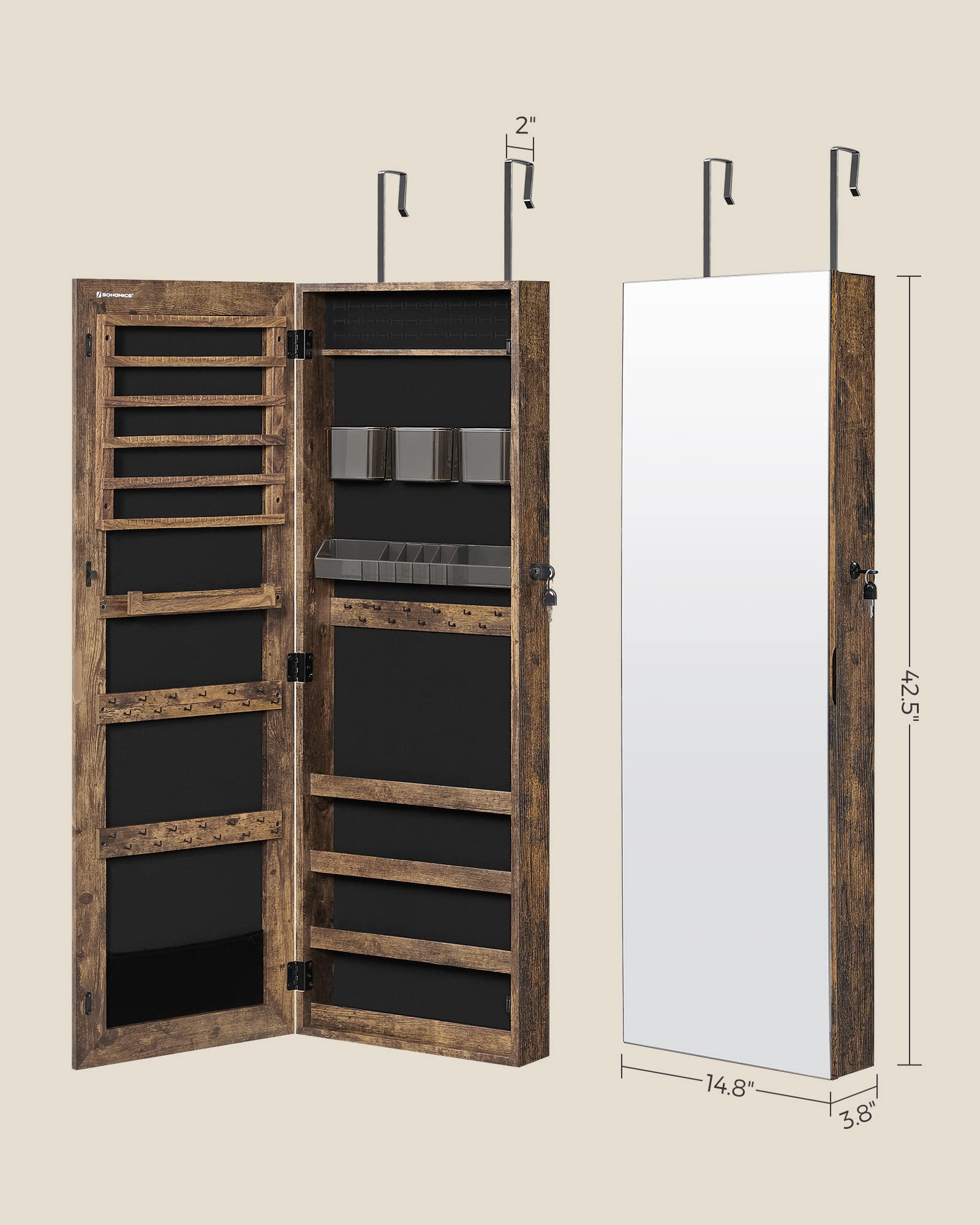SONGMICS Jewelry Armoire Cabinet with Lock, Wall-Mounted Jewelry Organizer with 2 Cosmetic Trays & Full-Length Mirror, Textured Brown UJJC001X01 - Perfect for Bedroom, Closet & Dressing Room Organization