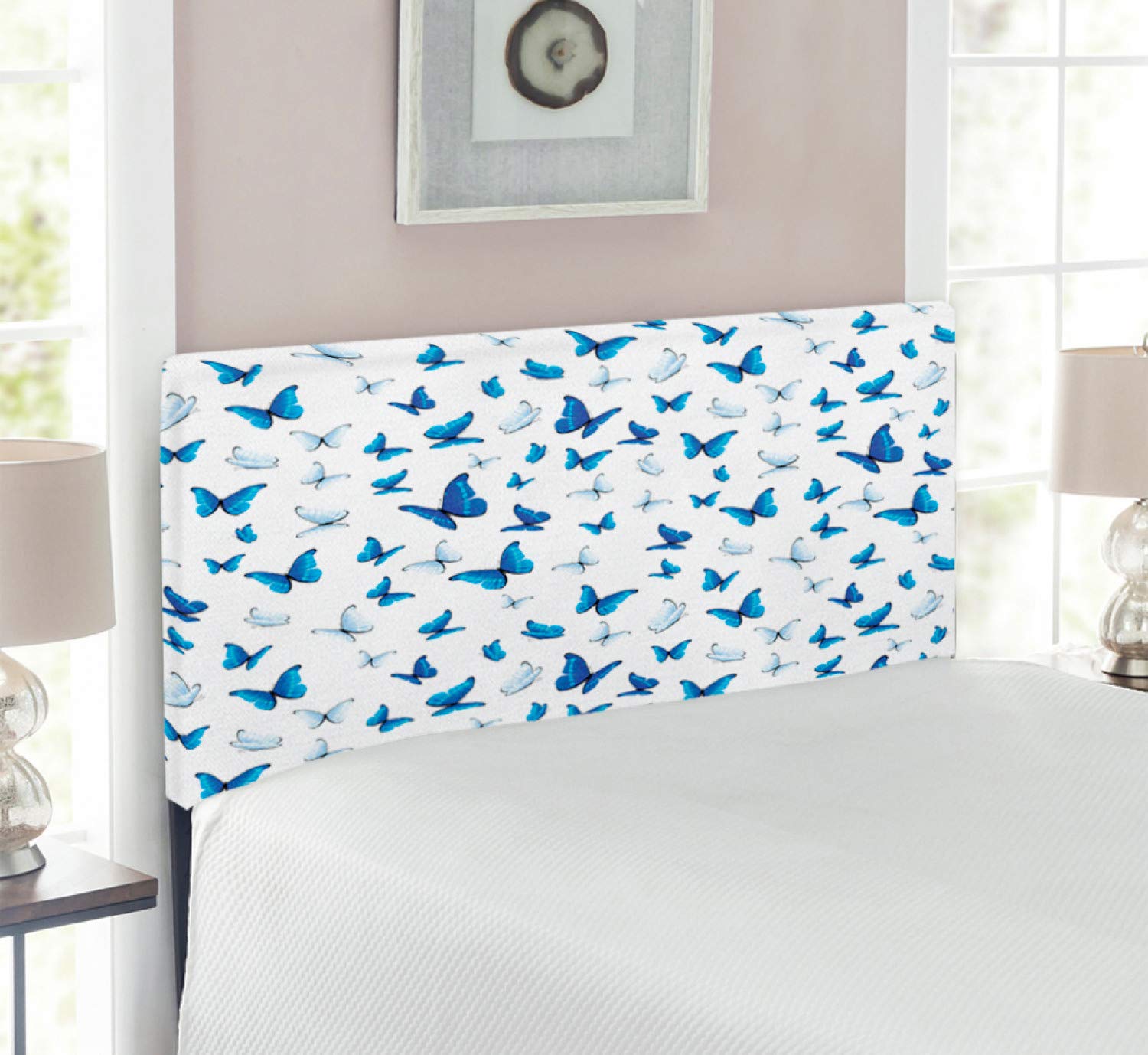 Ambesonne Butterflies Upholstered Headboard - Twin Size with Memory Foam, Blue White Black Butterfly Pattern for Bedroom Decor | Seasonal Jolly Rainforest Wilderness Design - Perfect for Kids Room, Guest Bedroom & Dormitory
