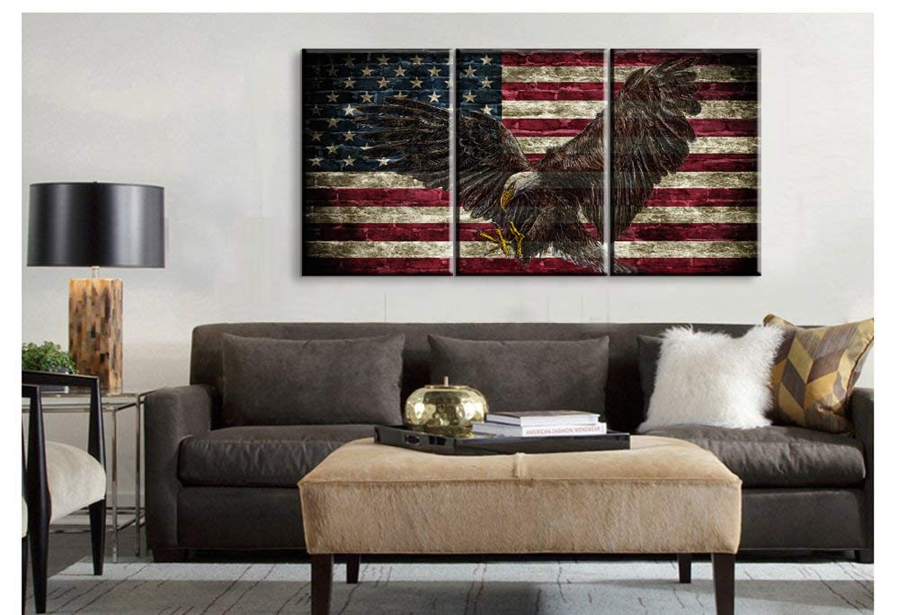 3 Piece American Flag Wall Art Set - Patriotic Wooden Military Decor with Bald Eagle, 20''W x 28''H - Perfect for Living Room, Bedroom & Office (Army Home Decor, USA Flag Posters)