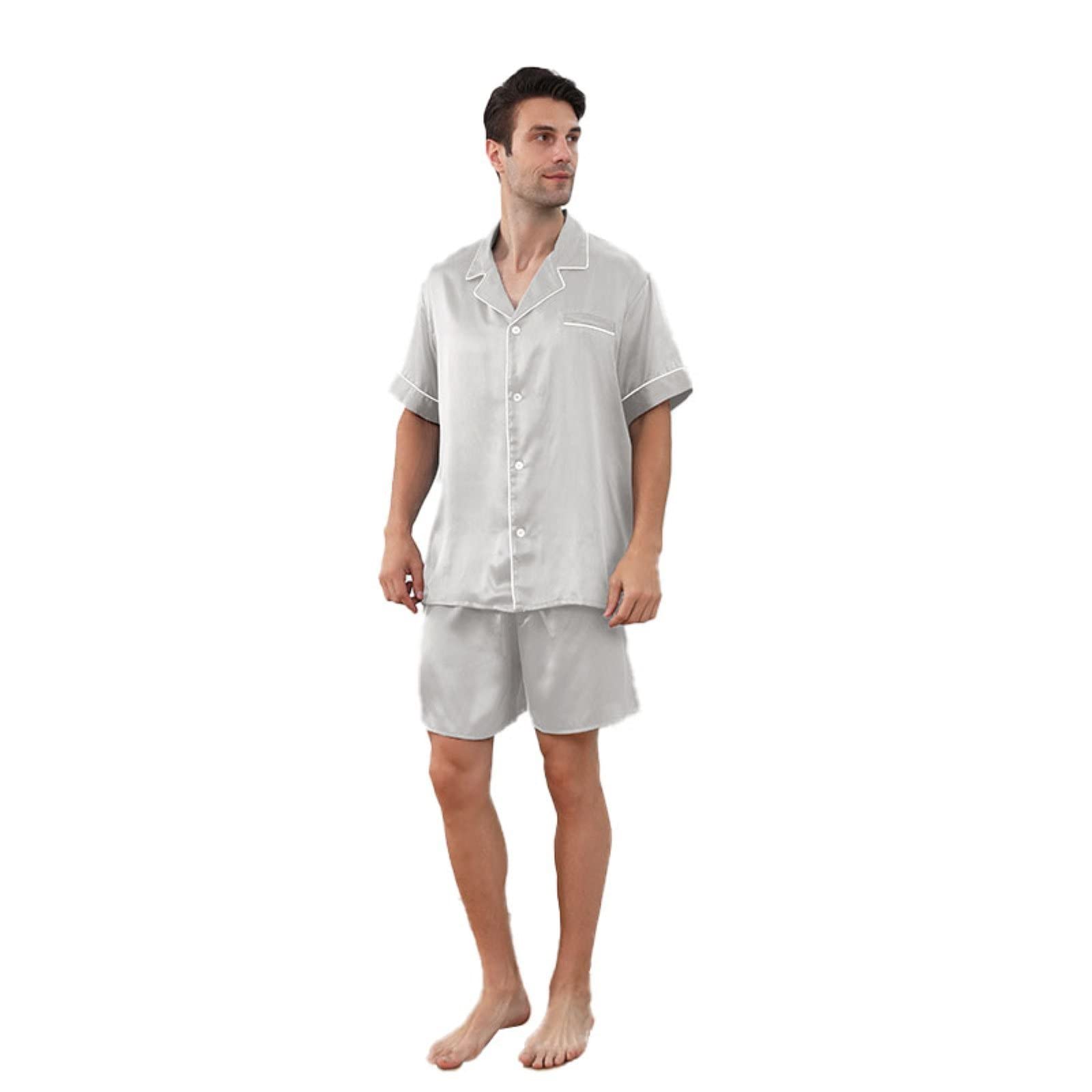 Premium Men's 100% Mulberry Silk Pajama Set - Short Sleeve & Shorts for Ultimate Comfort - Breathable Luxury Sleepwear for Home, Vacation & Relaxation