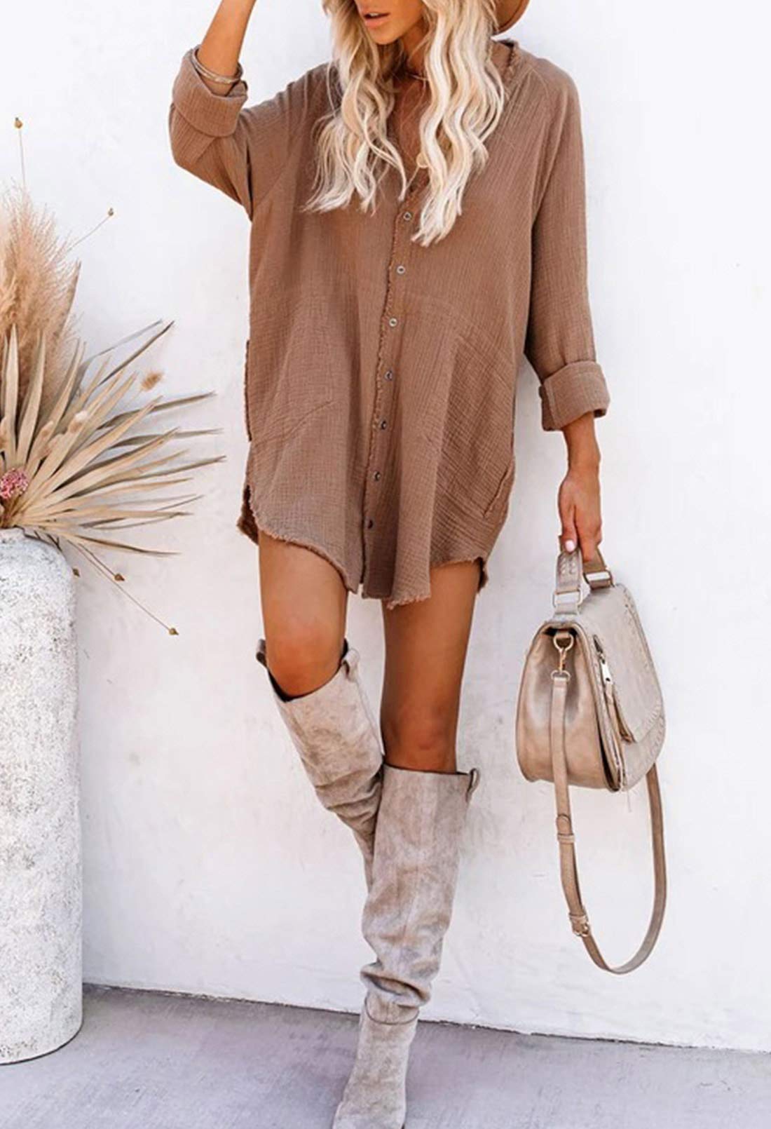 Pink Queen Women's V-Neck Long Sleeve Button Down Blouse Tunic Shirt Mini Dress with Pockets - Elegant Office Wear & Casual Outfit for Work, Date Night and Spring Fashion