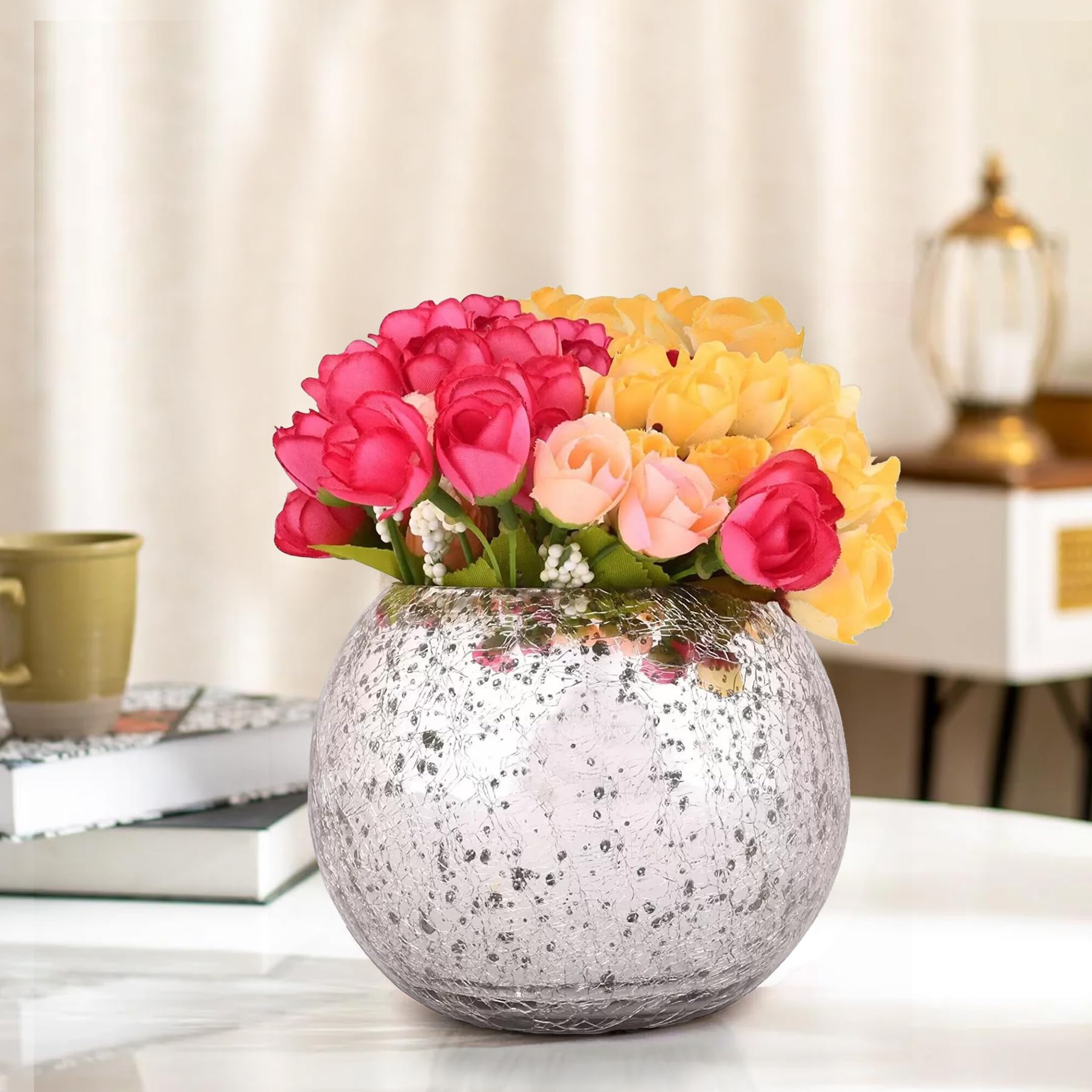 TIED RIBBONS Artificial White Flowers in Glass Vase - 8x8x14cm (1 Vase & 1 Flower Bunch) - Perfect for Home Decor, Wedding Centerpieces & Office Table Arrangements