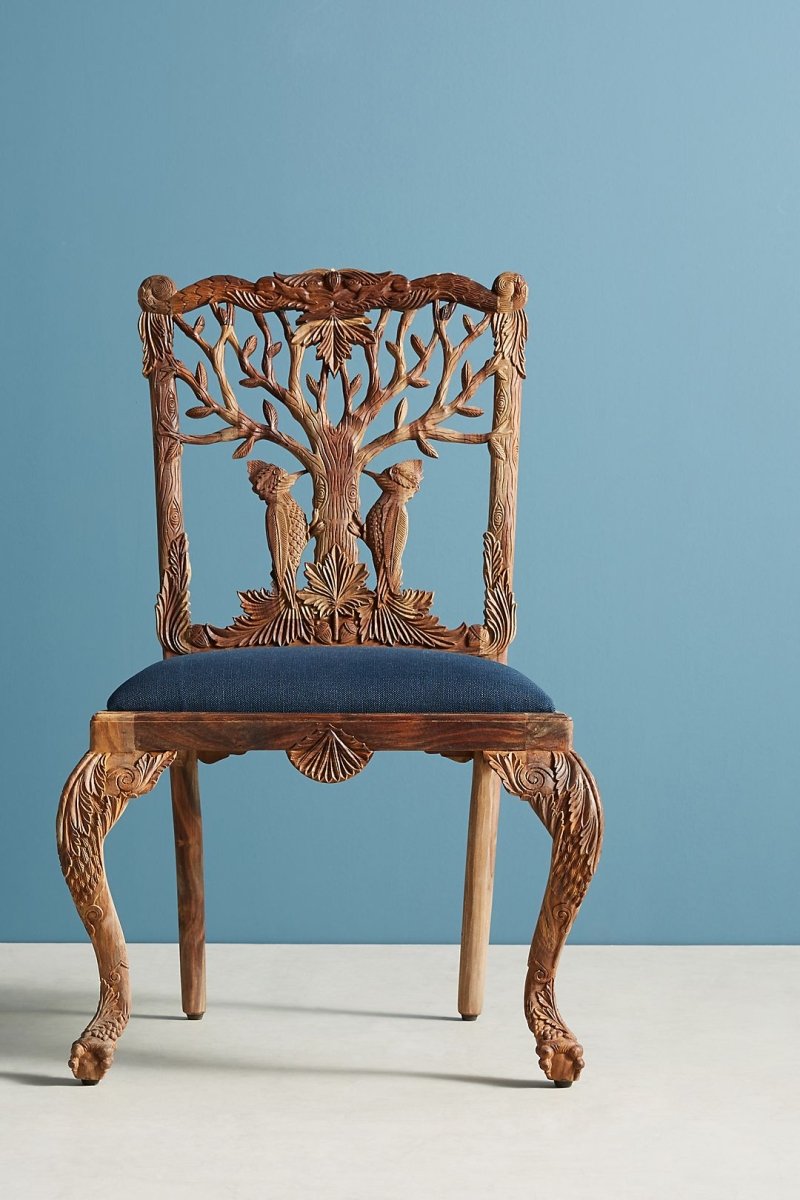 Hand Carved Woodpecker Dining Chair - Solid Wooden Dining Table Chair for Kitchen & Dining Room | Rustic Home Decor & Farmhouse Style Seating