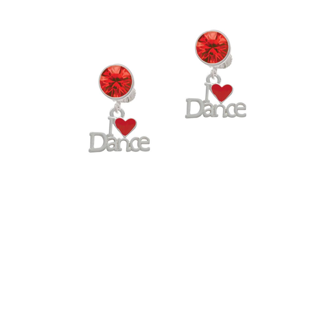 Silvertone 'I Love Dance' Red Heart Clip-On Earrings with Red Crystals - Perfect for Dance Performances, Parties & Special Occasions