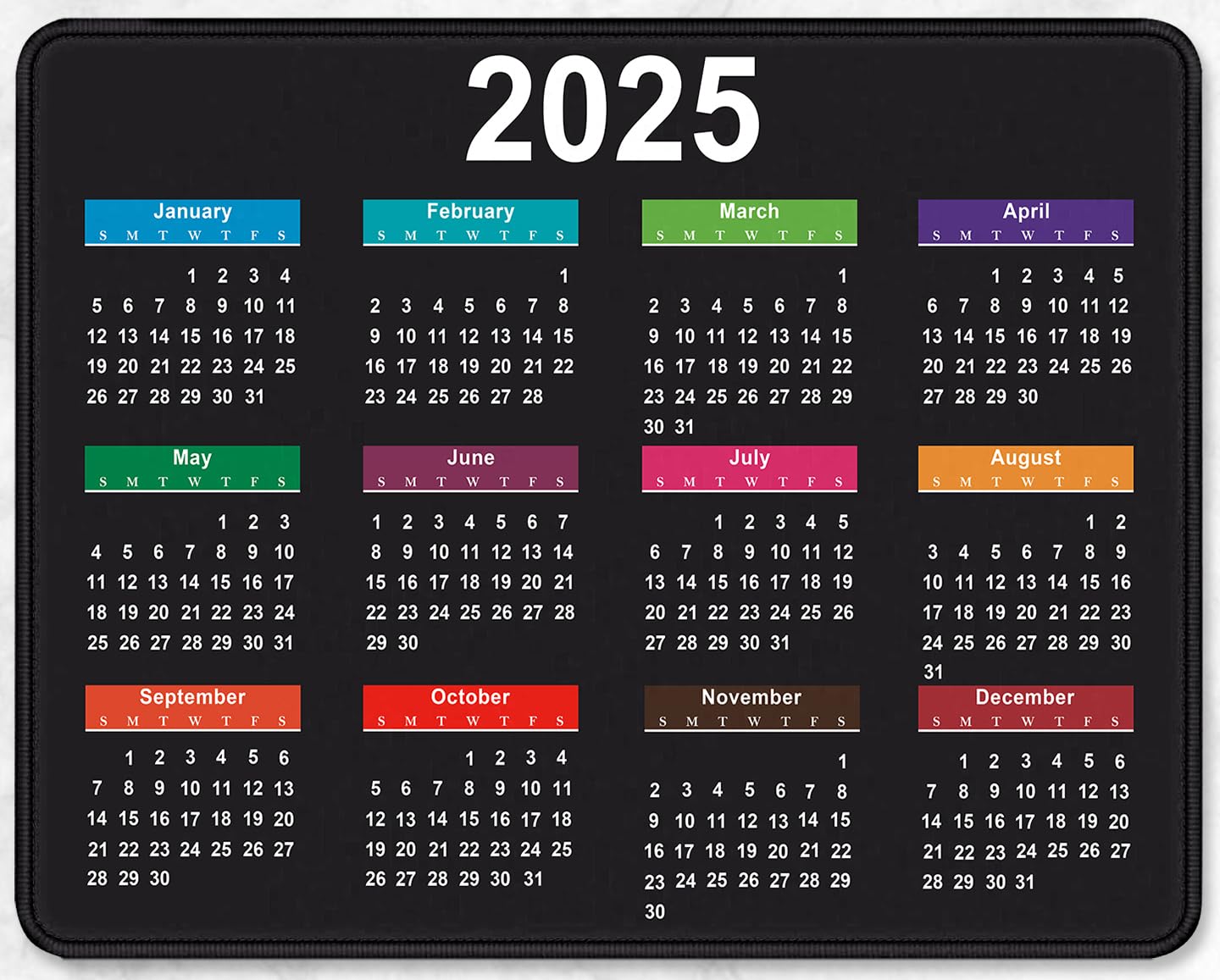 2025 Calendar Mouse Pad - Large Rectangular Non-Slip Rubber Base Office & Gaming Mousepad with Stitched Edges - Perfect for Computer Workstations, Home Office & PC Gaming Setups (Black)