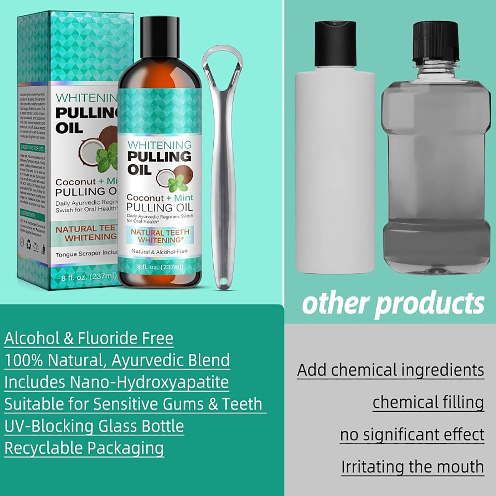 Natural Teeth Whitening Mouthwash with Coconut & Peppermint Oil - Ayurvedic Oil Pulling Oral Rinse for Fresh Breath & Stain Removal - 237ml (2 Pack) - Perfect for Morning Routine & Oral Hygiene Care