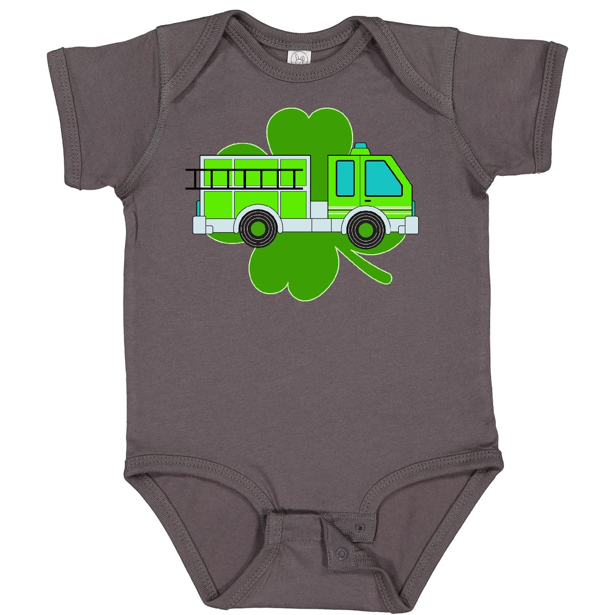 St. Patrick's Day Green Fire Truck with Clover Baby Bodysuit - Irish-Themed Infant Outfit for Holiday Photos & Family Celebrations