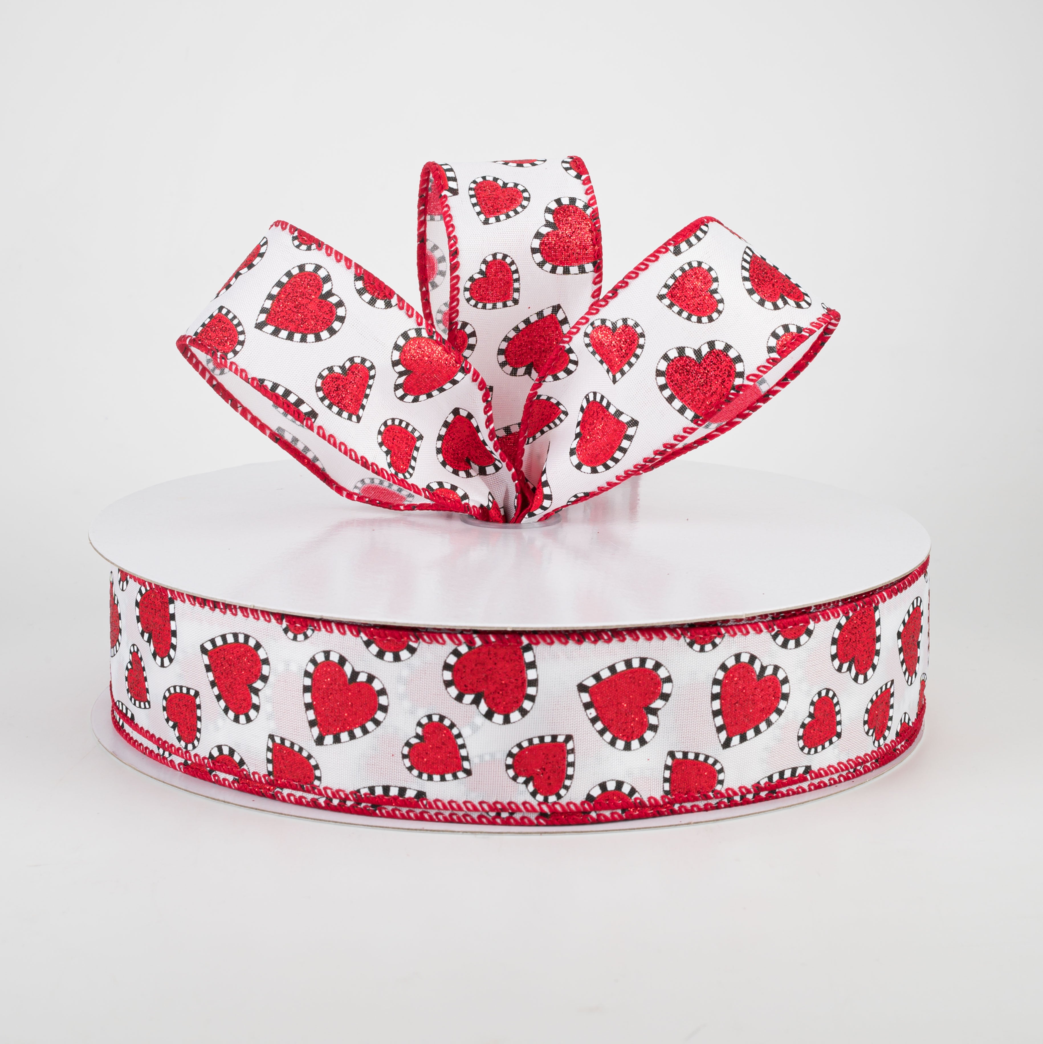 1.5 Inch Dashed Edge Glitter Heart Ribbon - White Craft Ribbon (50 Yards) for Gift Wrapping, Scrapbooking & DIY Wedding Decorations