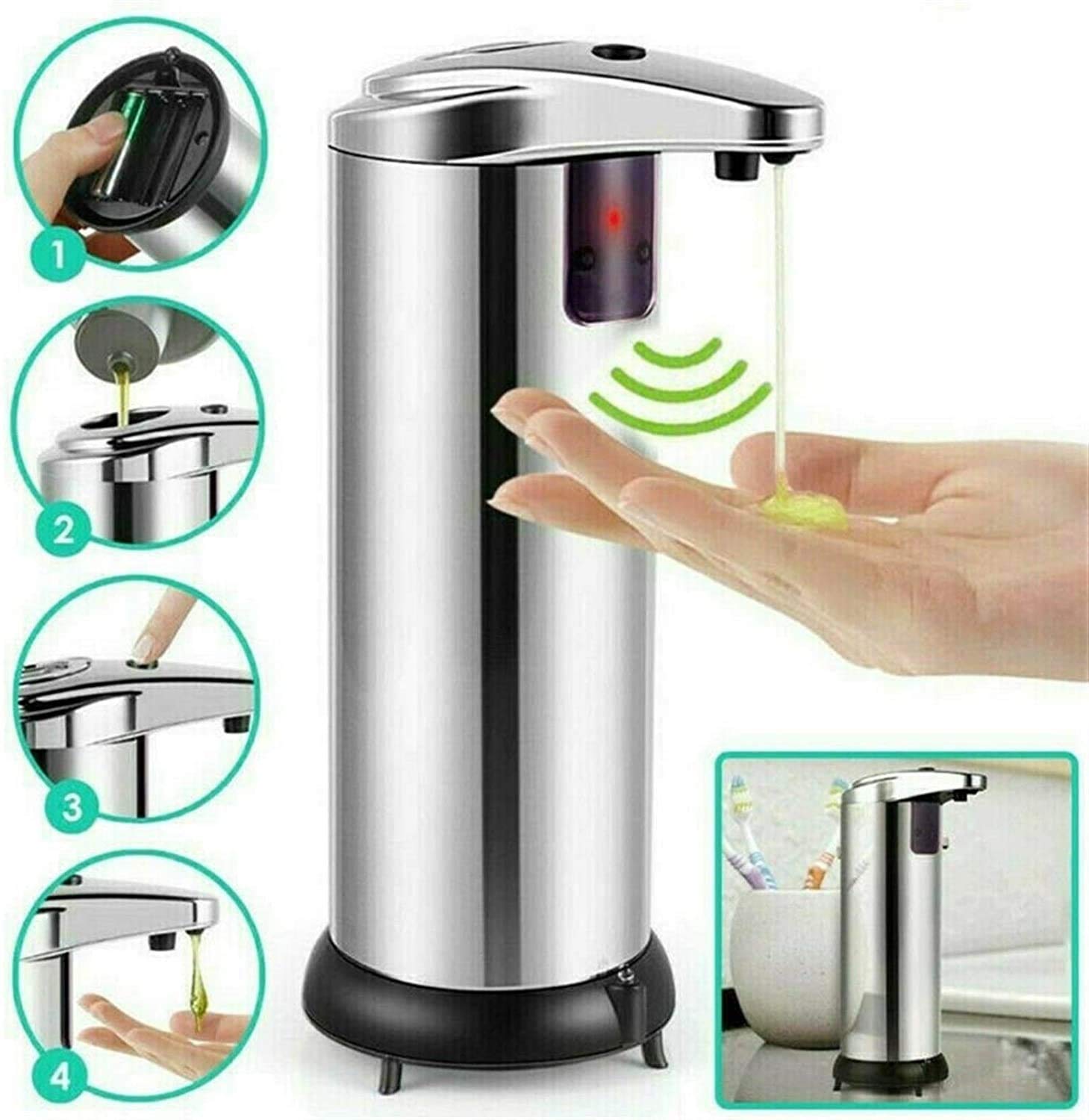 Automatic Touchless Gel Soap Dispenser with Motion Sensor - 250ml Battery Operated Hands-Free Soap Dispenser for Kitchen, Bathroom & Office - Black Waterproof Electric Gel Dispenser for Liquid Soap