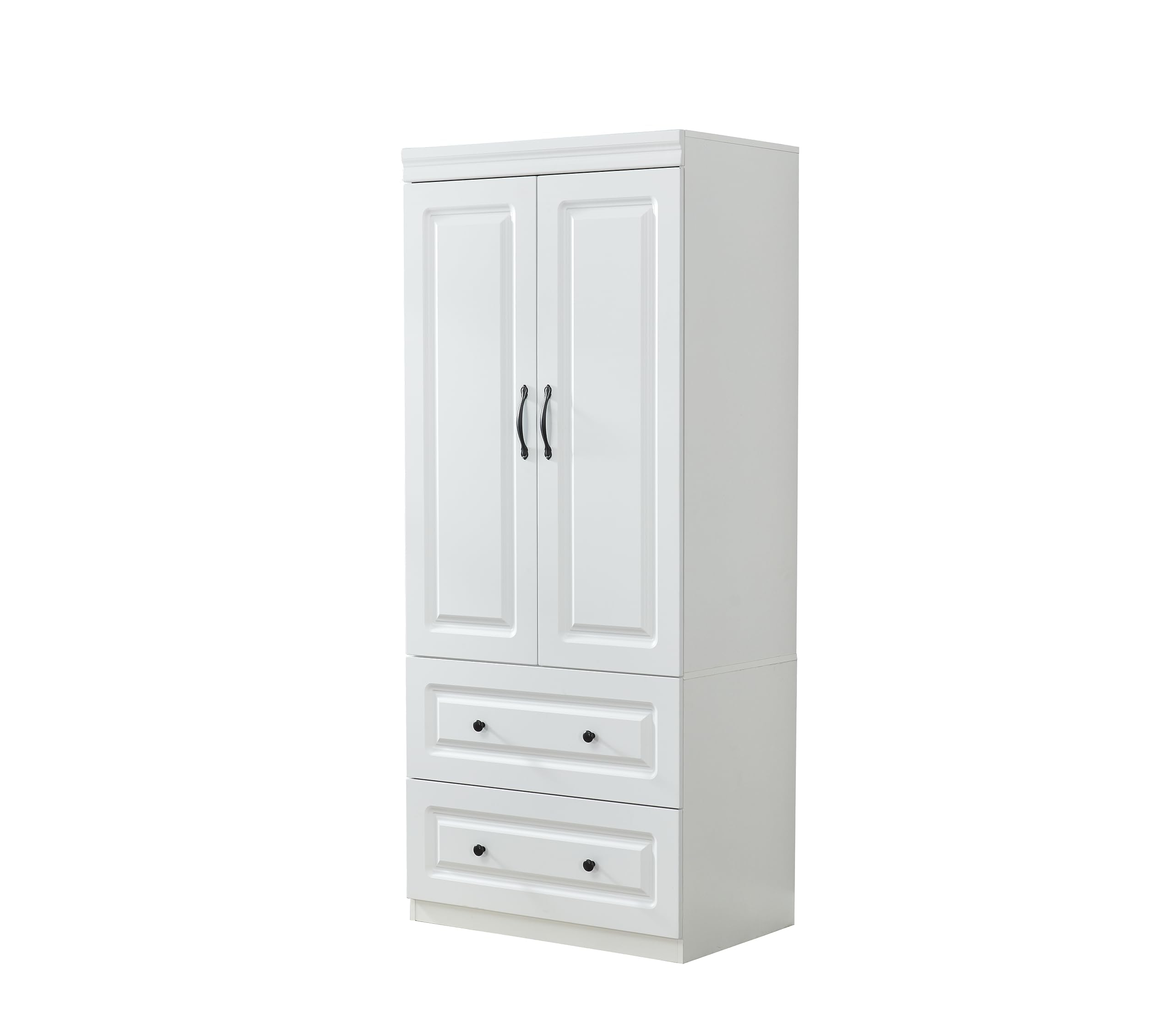 White Wardrobe Closet with 2 Doors & 2 Drawers - Freestanding Storage Cabinet with Hanging Rod for Clothes, Bedroom & Closet Organization | Perfect for Apartments, Dorms & Small Spaces