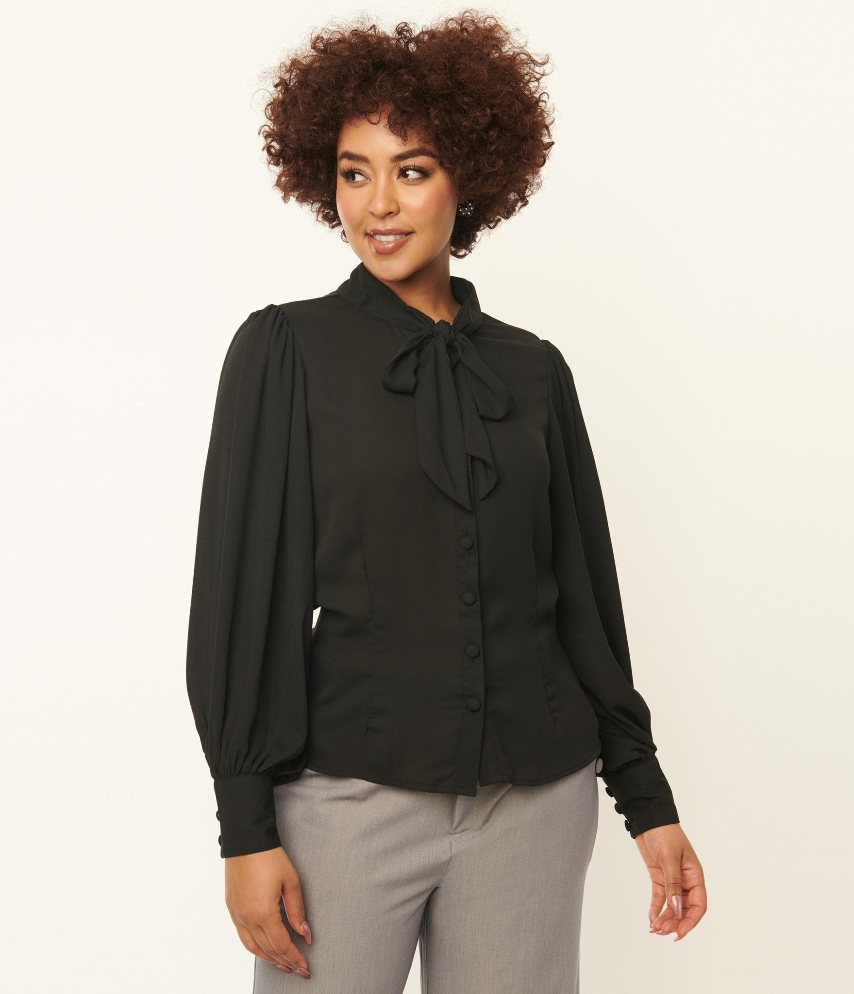 Unique Vintage 1940s Black Neck Tie Gwen Blouse - Retro 40s Style Women's Top for Office, Cocktail Parties & Vintage Fashion Lovers