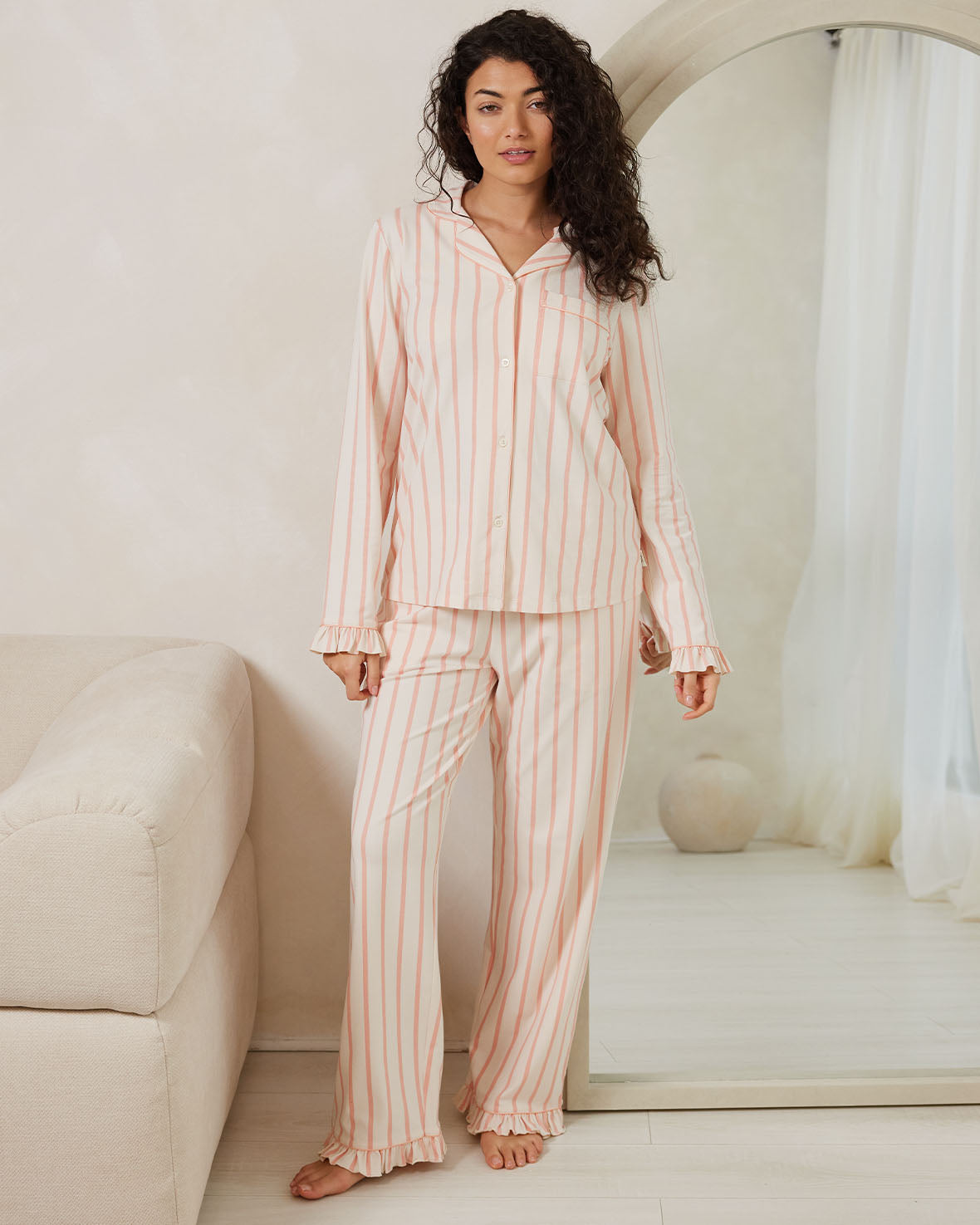 Organic Cotton Pink Striped Frill Long Pajama Set for Women - Soft & Comfortable Sleepwear for Nighttime Relaxation and Lounging