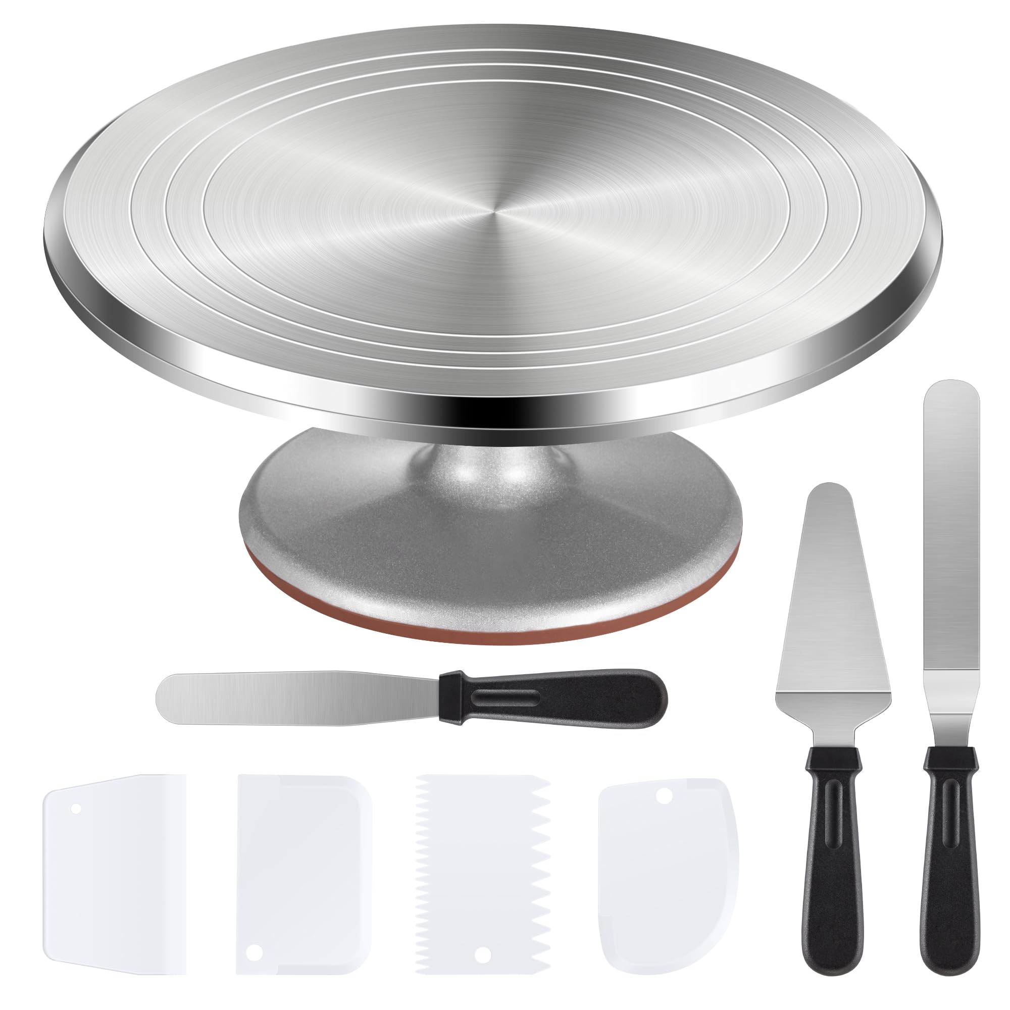 Puroma 12'' Aluminum Alloy Cake Turntable Stand - Professional Cake Decorating Kit with 3 Icing Spatulas & 4 Icing Combs - Perfect for Baking, Cake Decorating, Cupcakes & Dessert Making - Ideal for Home Bakers & Professional Pastry Chefs