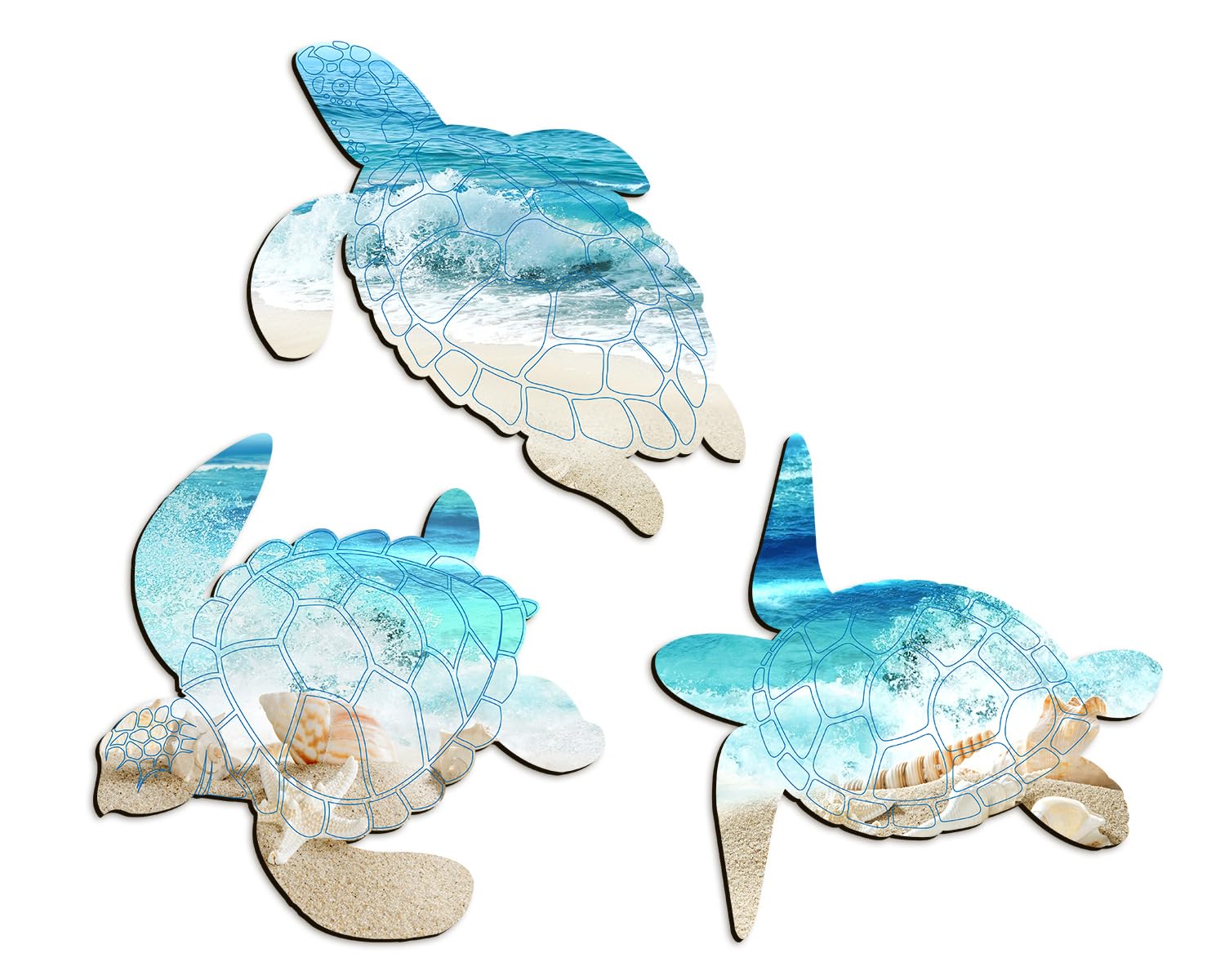 Wooden Turtle Wall Decor Set - Ocean Beach Bathroom Art for Indoor & Outdoor Use