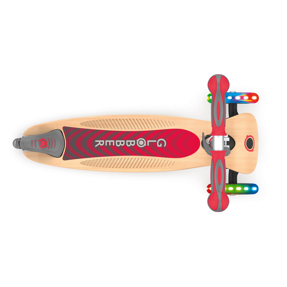 Globber 3 Wheel Primo Foldable Wooden Scooter with LED Lights - Perfect for Kids Outdoor Play, Commuting & Neighborhood Rides