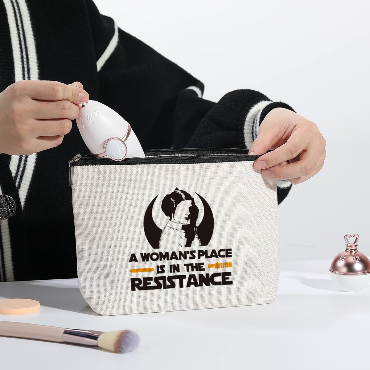 Feminist Makeup Bag - 'A Woman’s Place Is in the Resistance' Travel Toiletry Pouch for Women, Sisters & Friends - Empowering Gift for Sci-Fi Movie Fans & Strong Women - Perfect for Travel, Gym & Daily Use